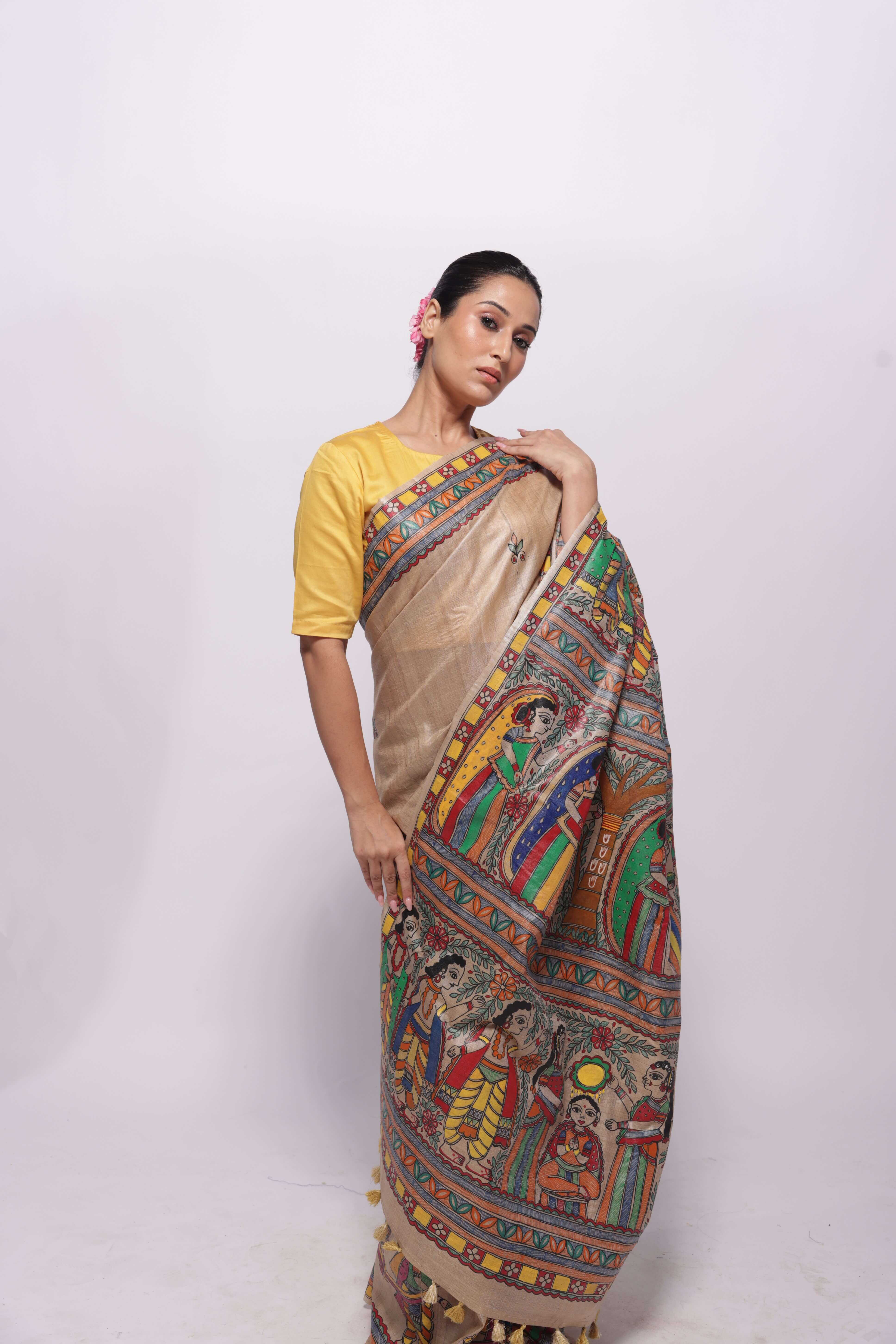 Handwoven Beige Tussar Silk Hand Painted Madhubani Saree