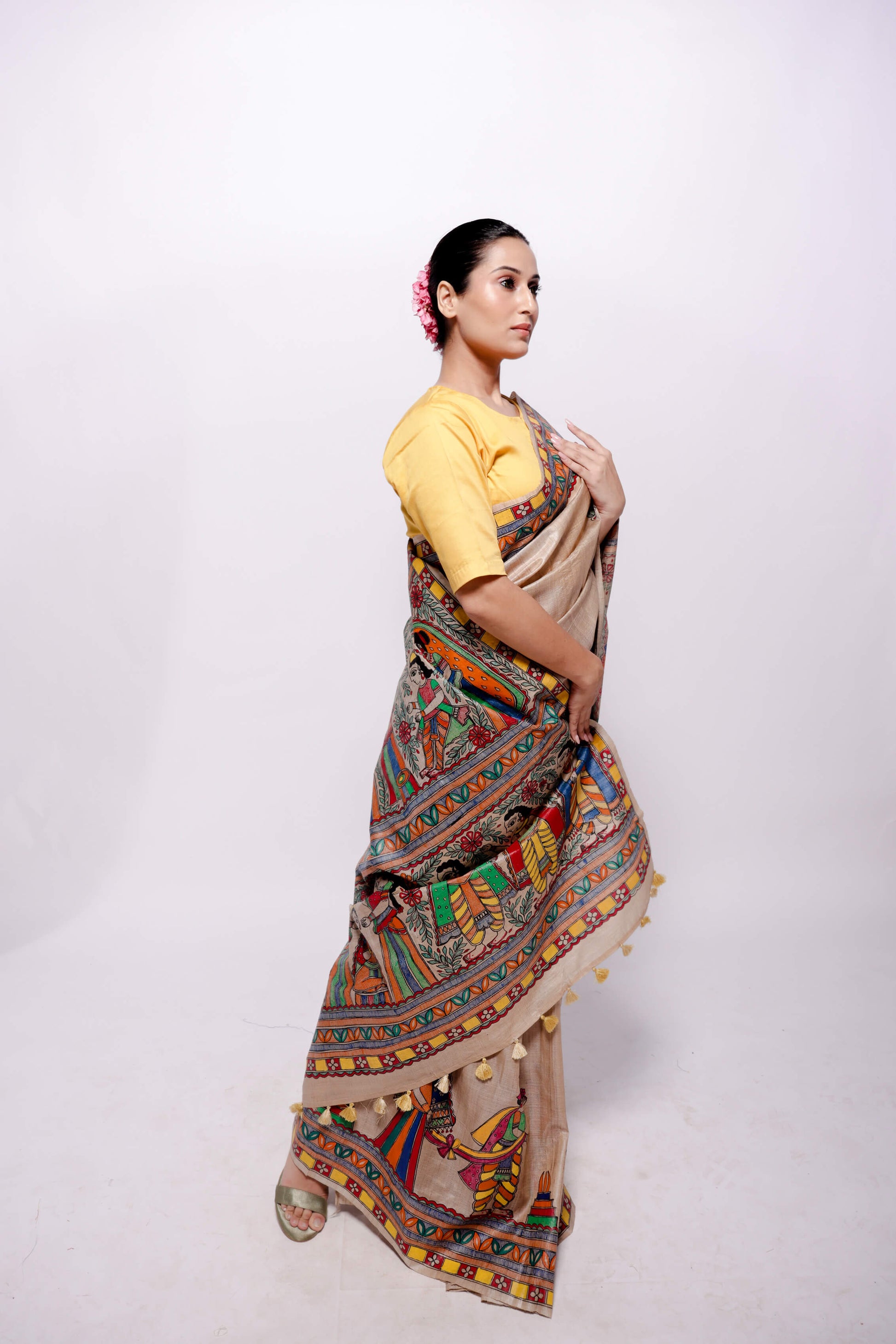 Handwoven-Beige Wild Silk Hand Painted Madhubani Saree-bihart