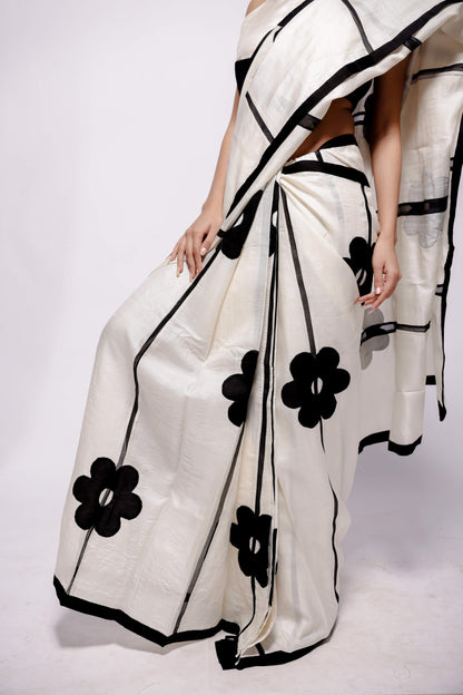 Off-White with Black Big Flower Applique-bihart