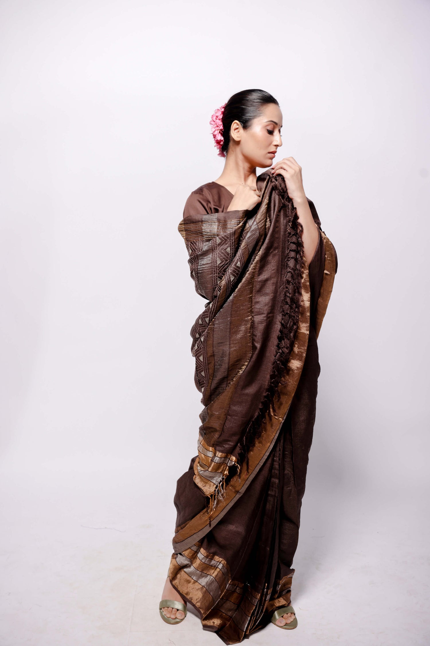 Brown-Zari Woven Wild Silk Saree Sujani Embroidered Saree-bihart