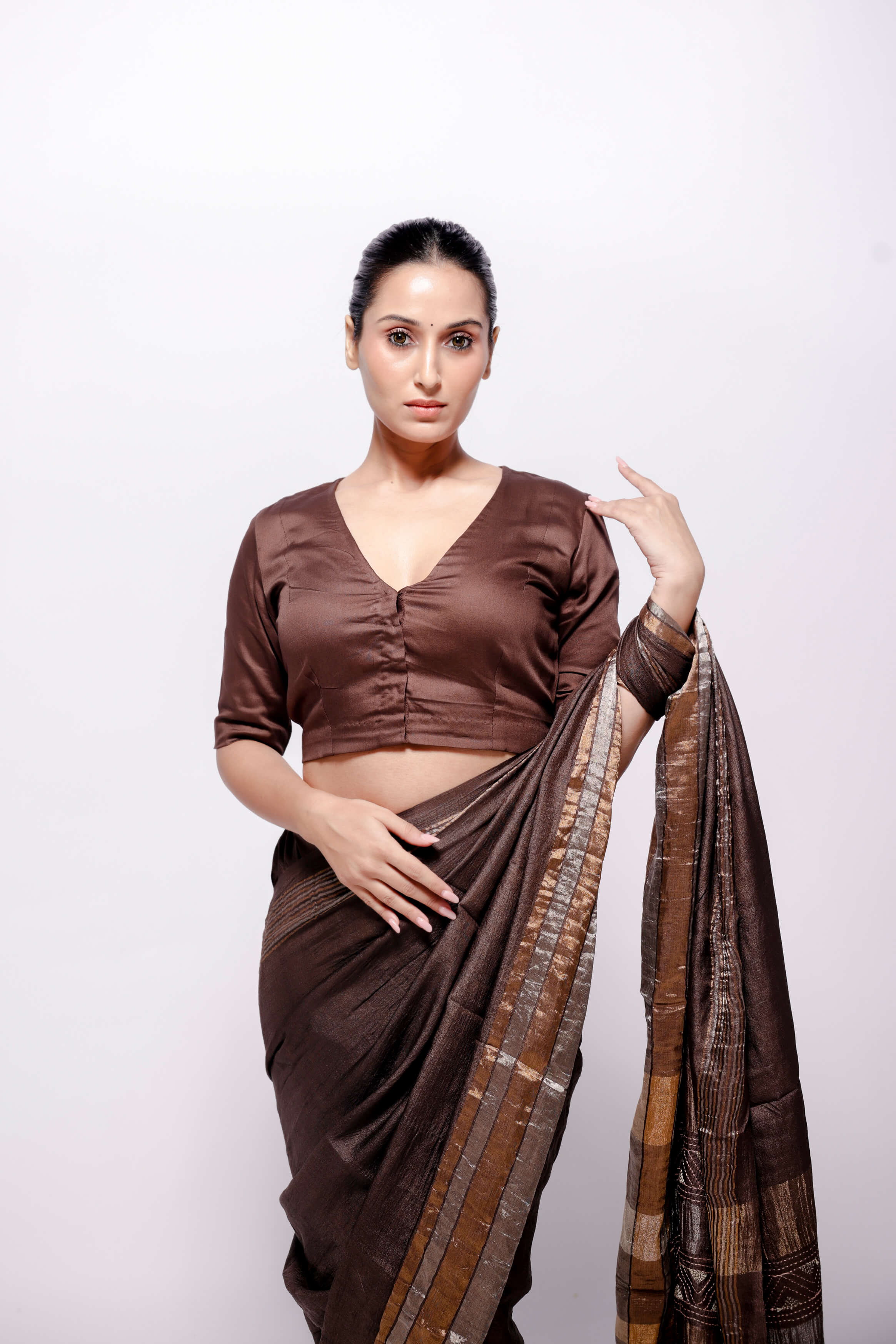 Brown-Zari Woven Wild Silk Saree Sujani Embroidered Saree-bihart