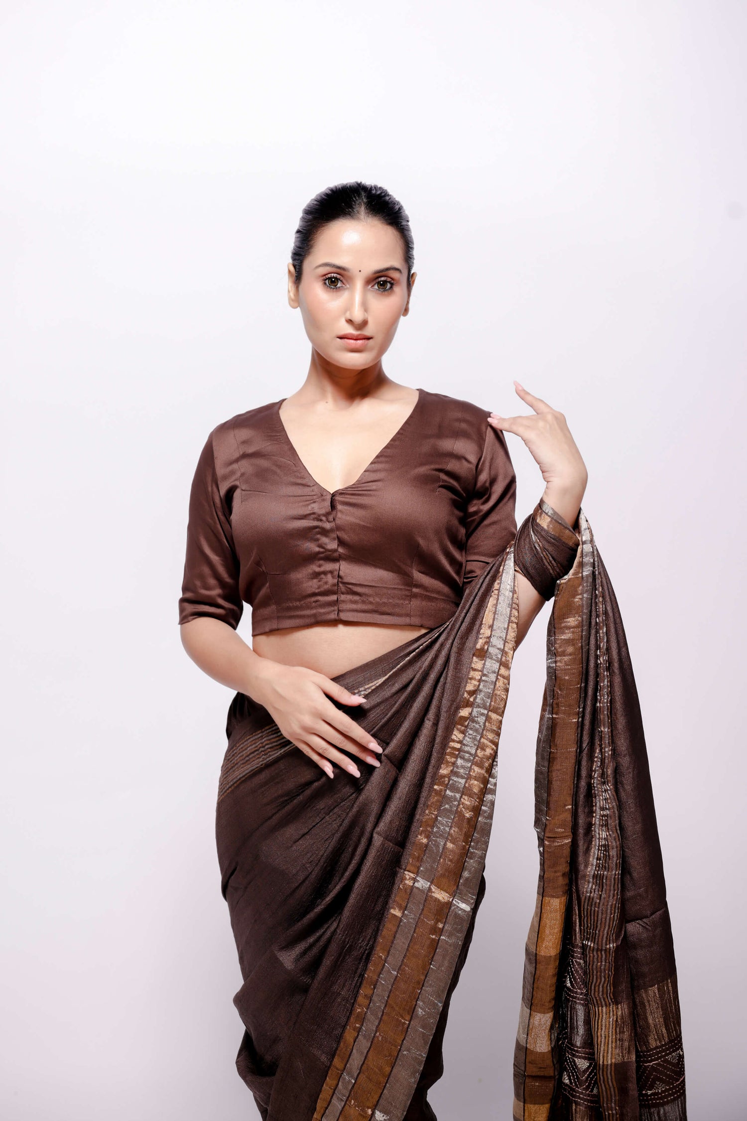 Brown-Solid V Neck Cotton Blouse-bihart