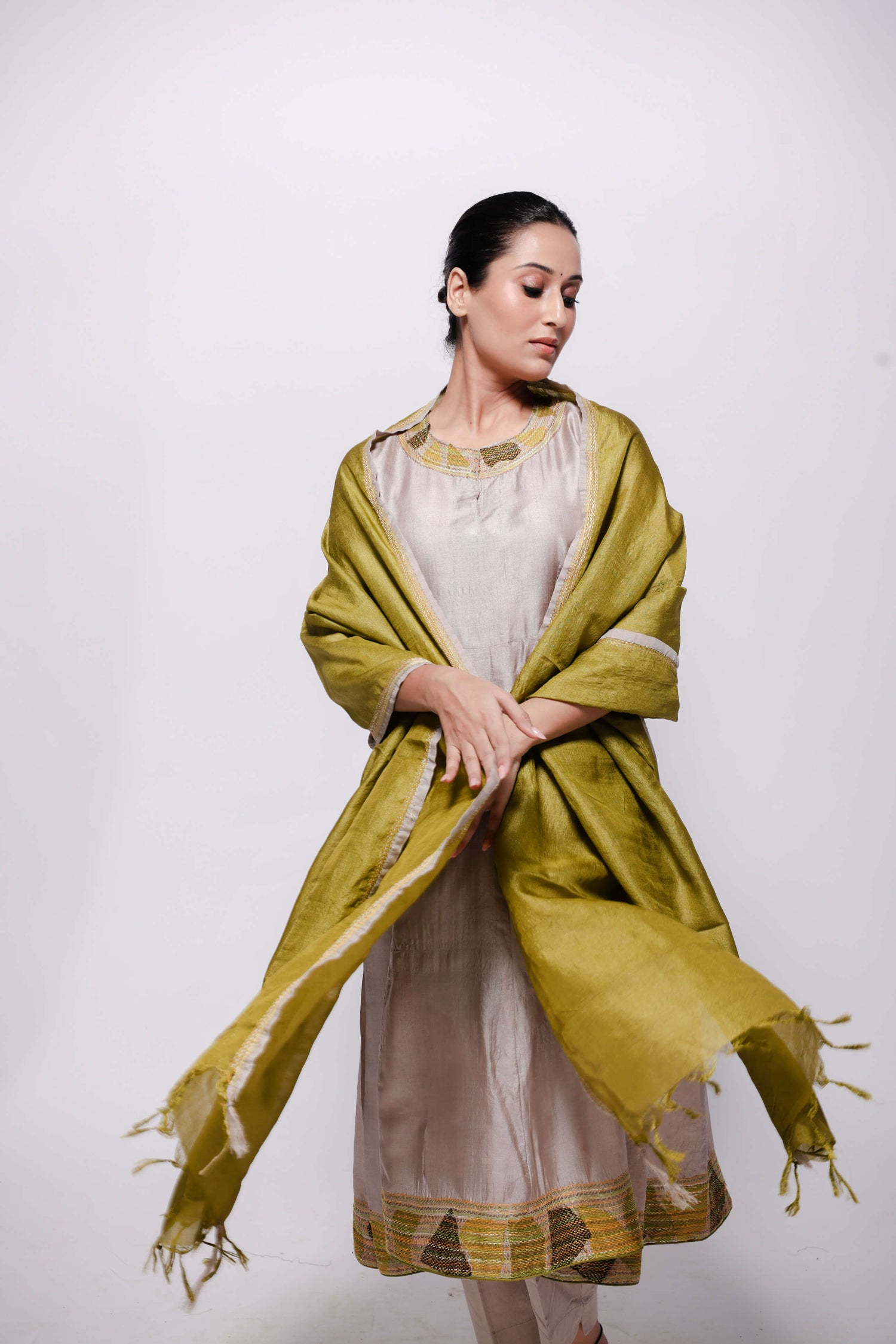 Beige-Wild Silk in Hand Embroidered Sujani Anarkali Set.-bihart