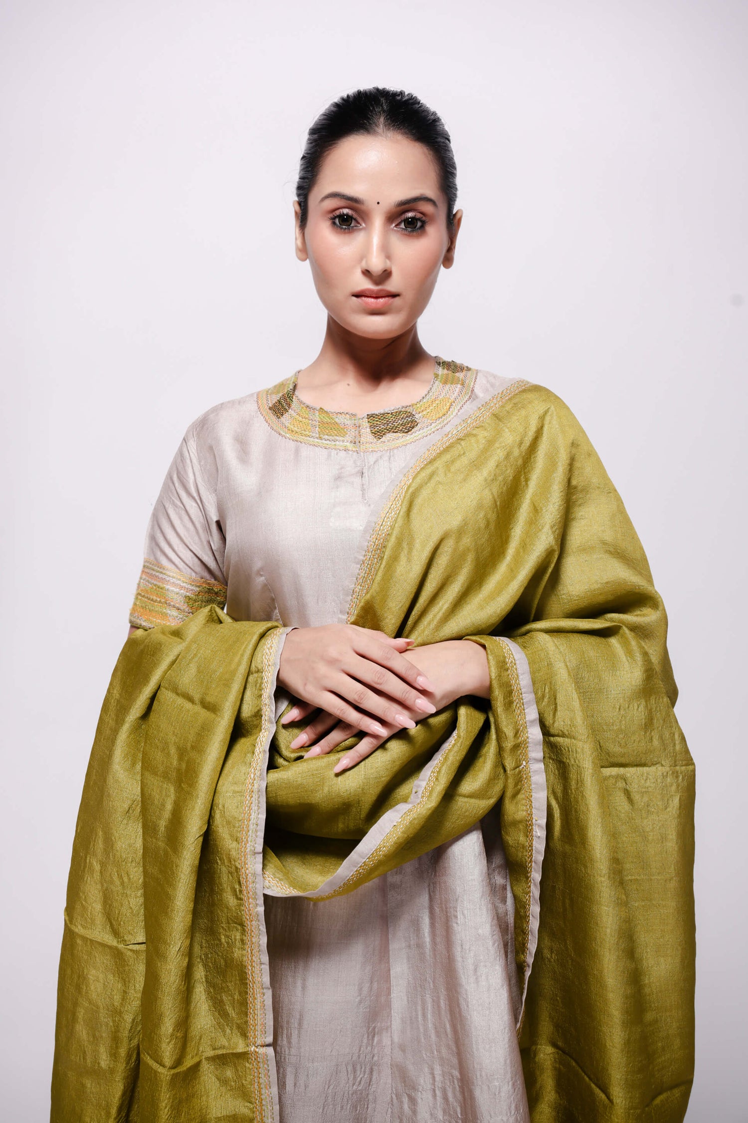 Beige-Wild Silk in Hand Embroidered Sujani Anarkali Set.-bihart