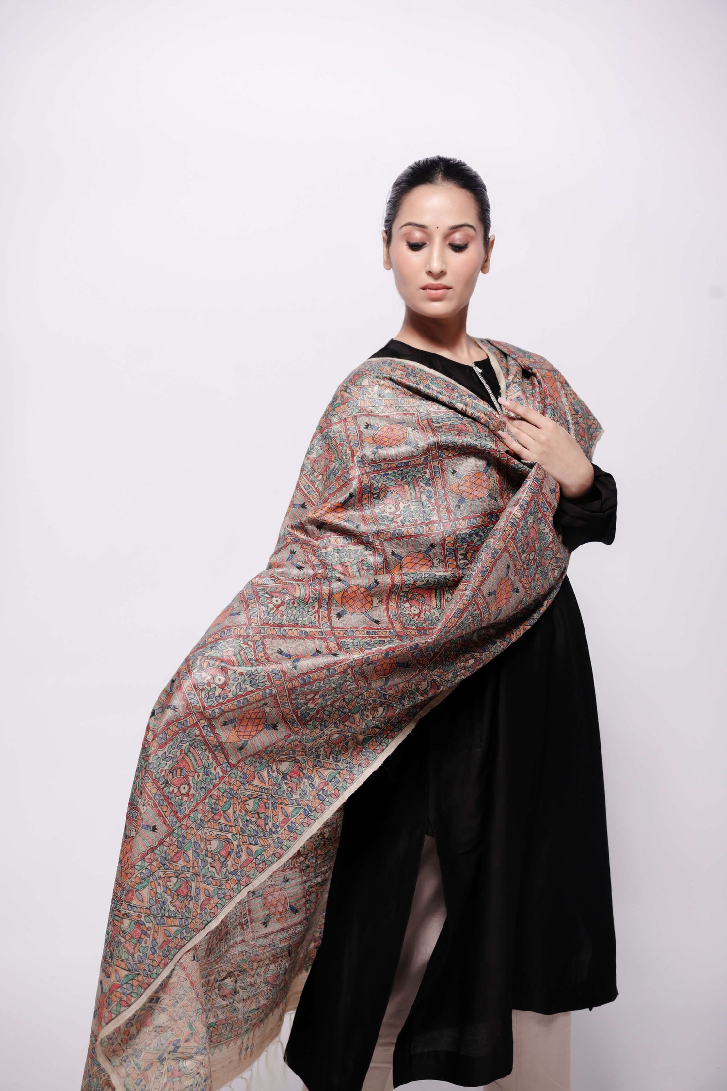 Beige-Wild Silk Dupatta Hand Painted in Traditional Madhubani.-bihart