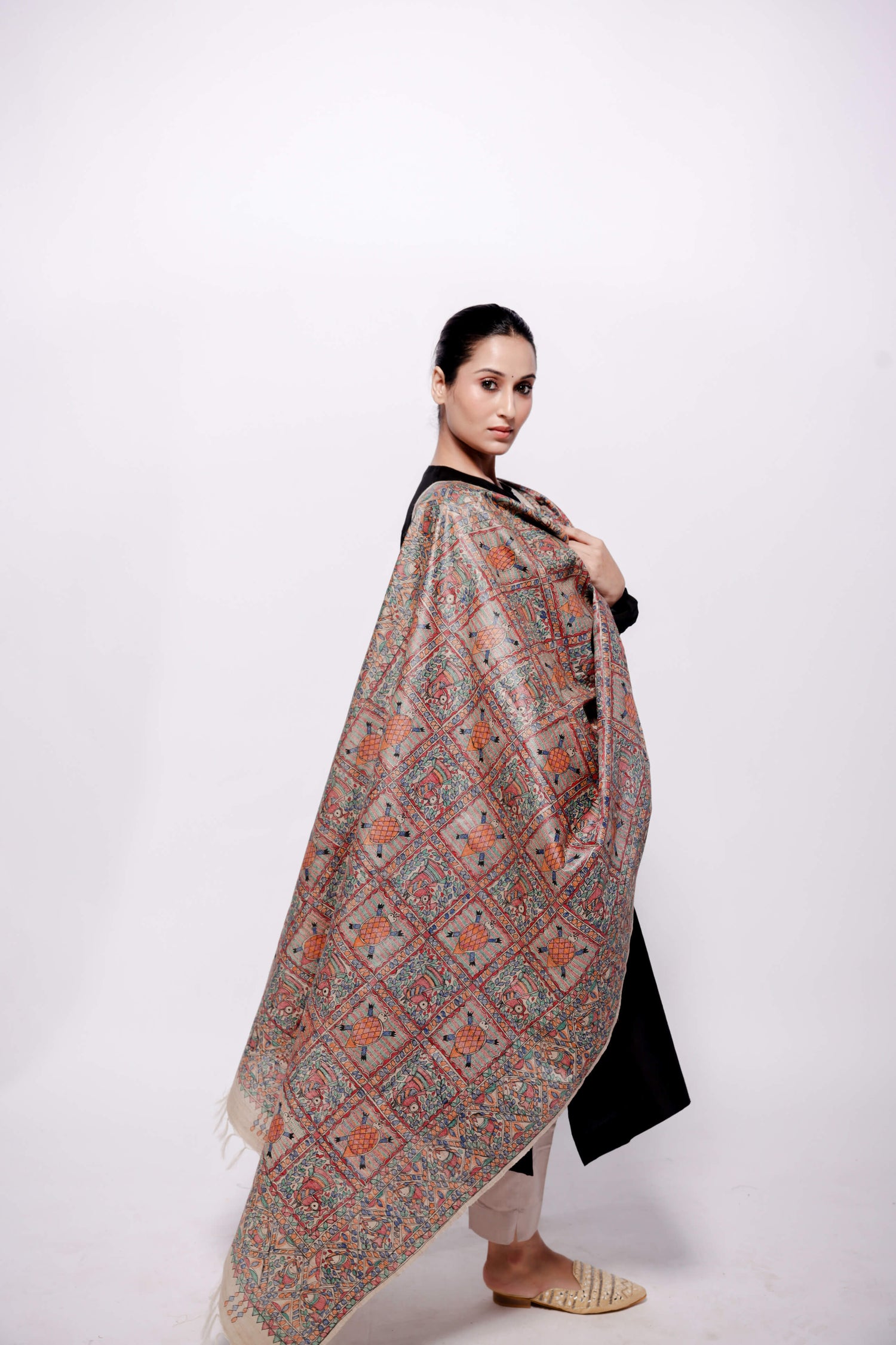 Beige-Wild Silk Dupatta Hand Painted in Traditional Madhubani.-bihart