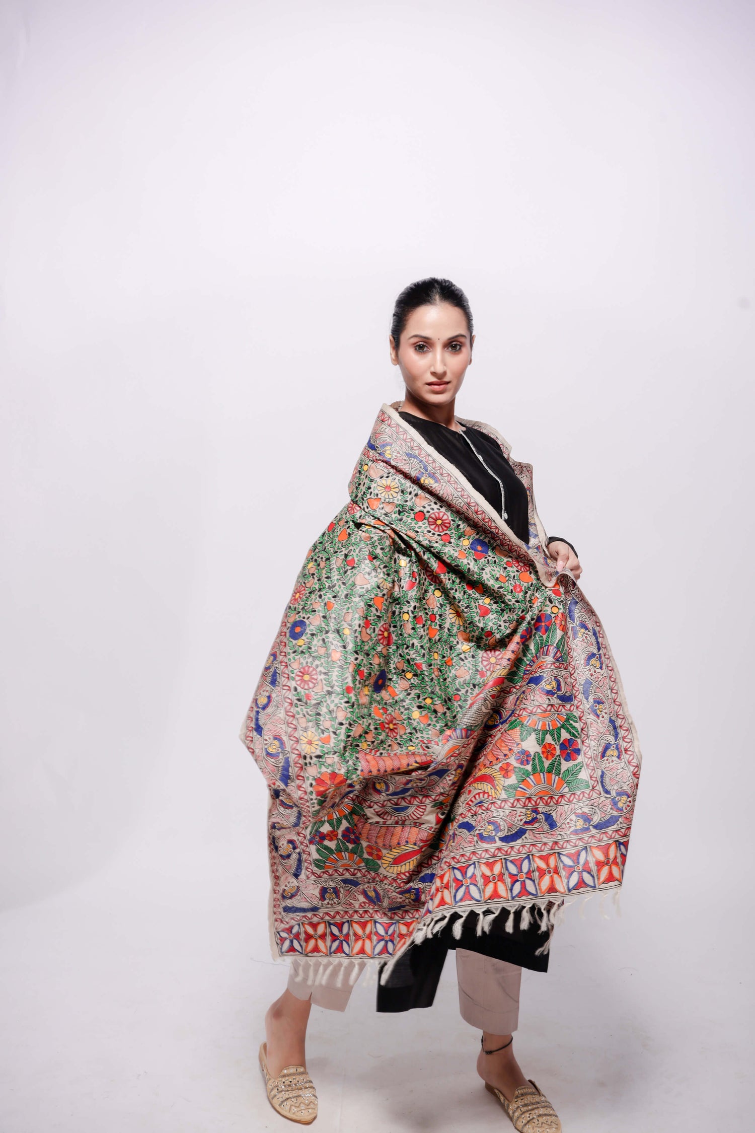 Beige-Wild Silk Dupatta Multi-Colour Hand Painted in Traditional Bharni Madhubani.-bihart