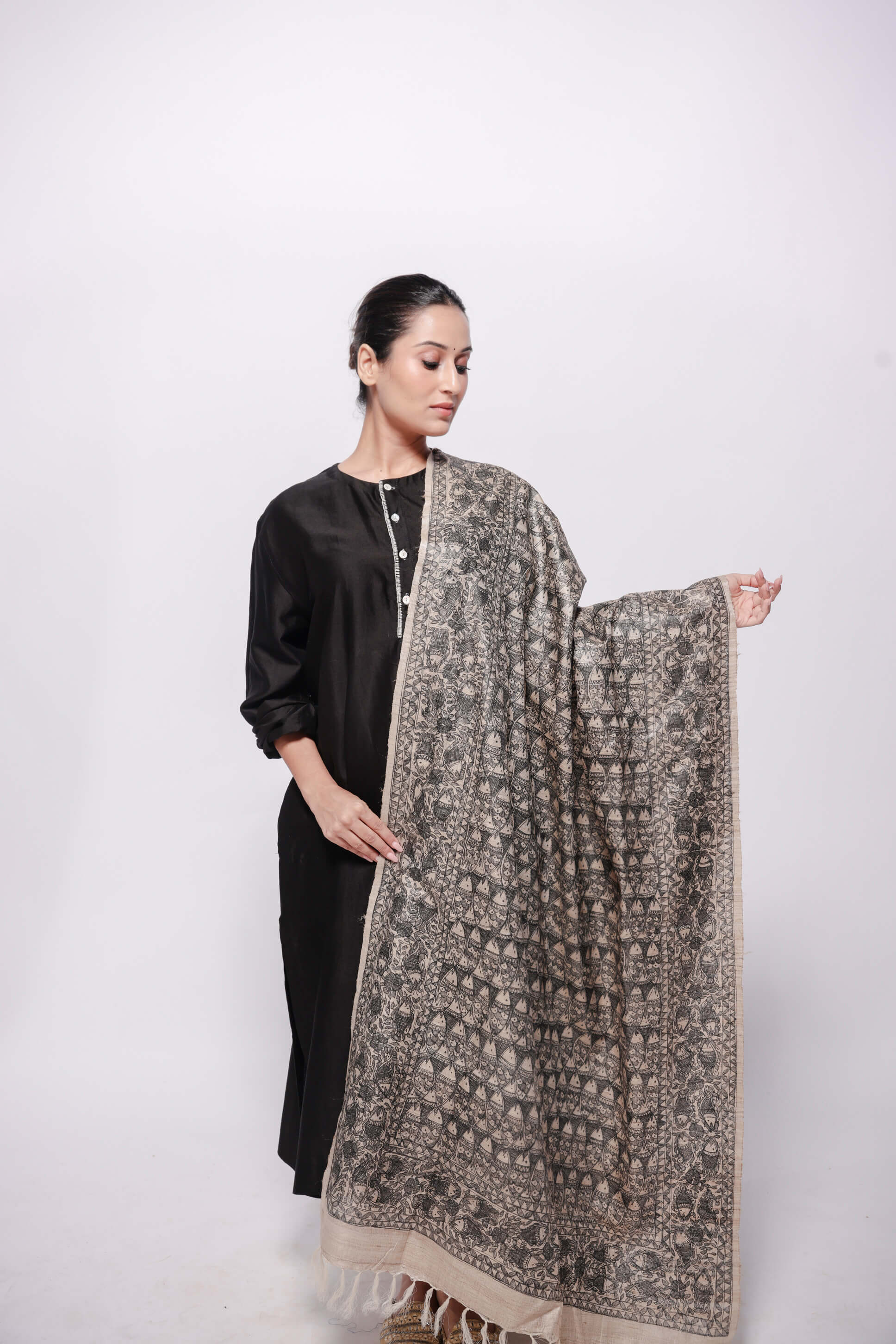 Beige-and Black Wild Silk Dupatta Hand Painted in Traditional Fish Motif Katchni Madhubani-bihart