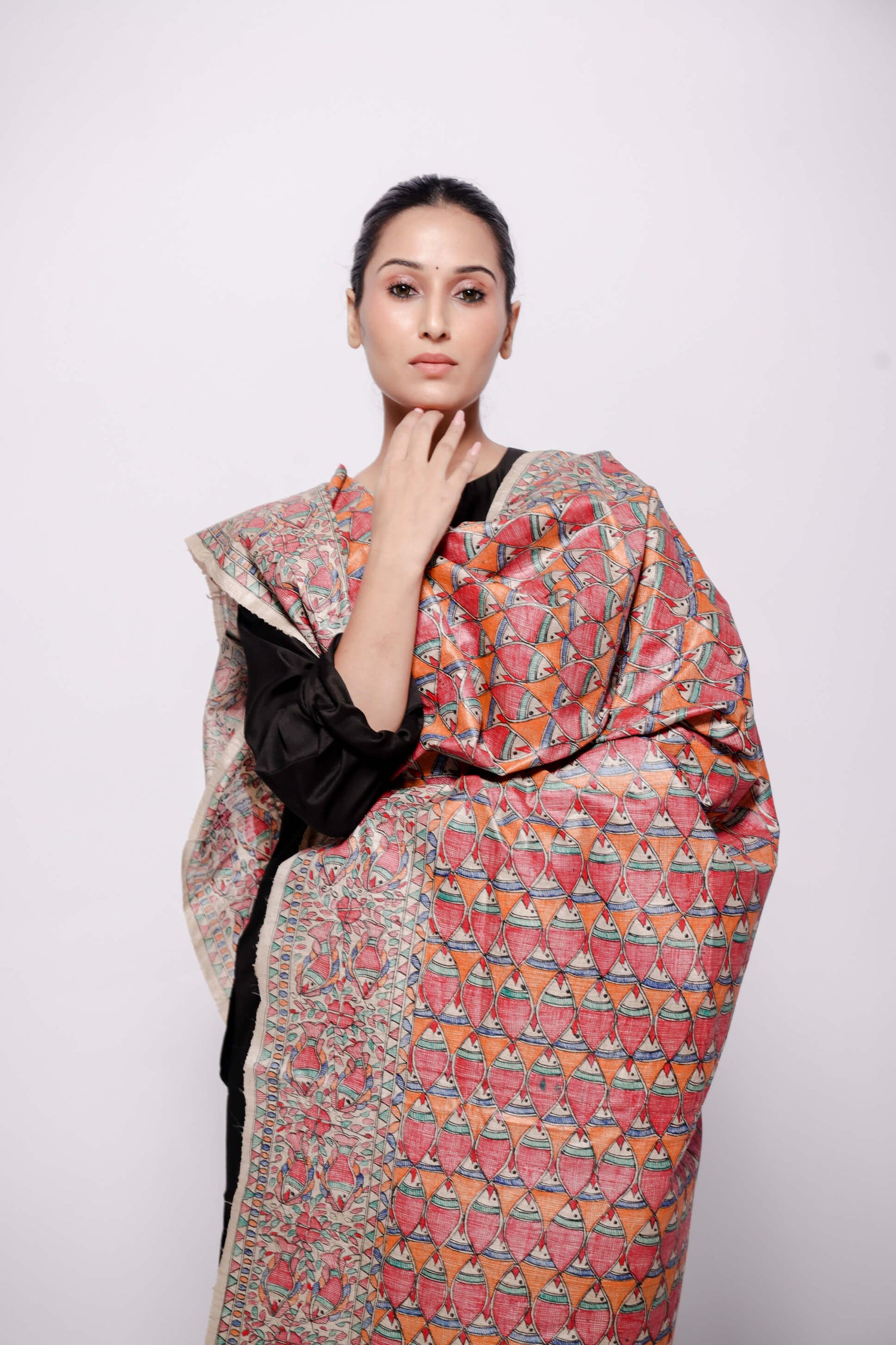 Beige-Wild Silk Dupatta Hand Painted in Traditional Madhubani.-bihart