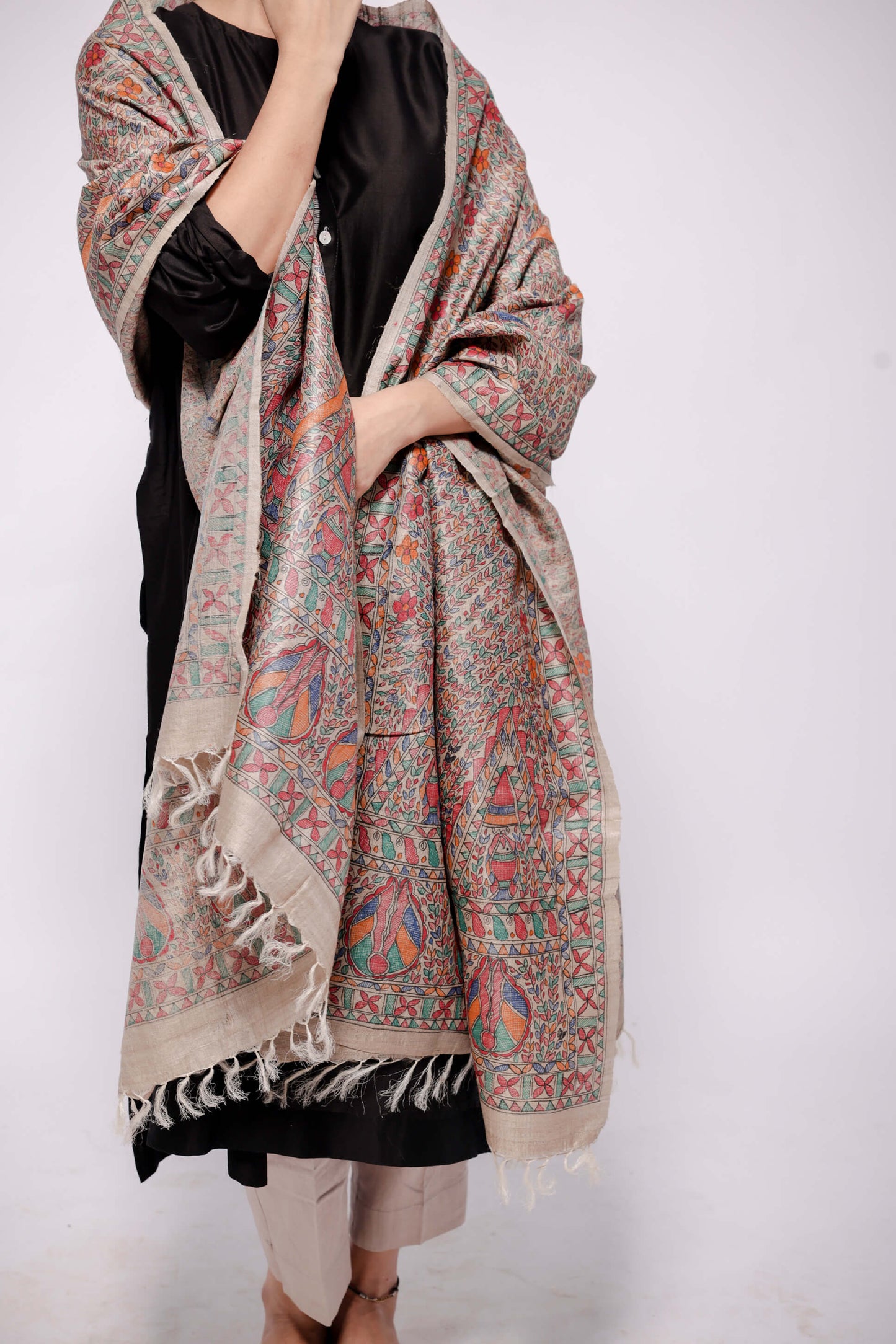 Beige-Wild Silk Dupatta Multi-Colour Hand Painted in Traditional Bharni Madhubani.-bihart