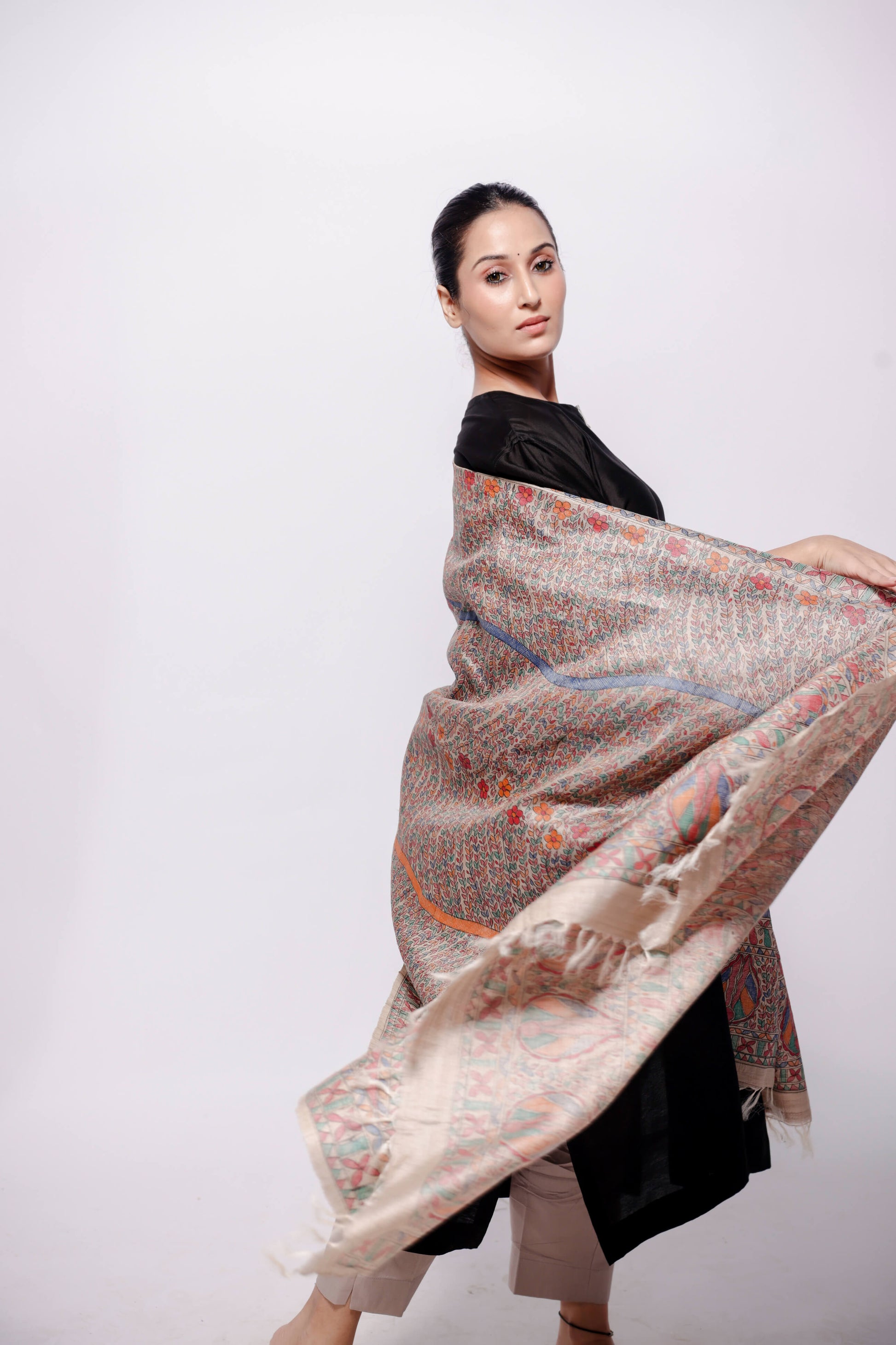 Beige-Wild Silk Dupatta Multi-Colour Hand Painted in Traditional Bharni Madhubani.-bihart