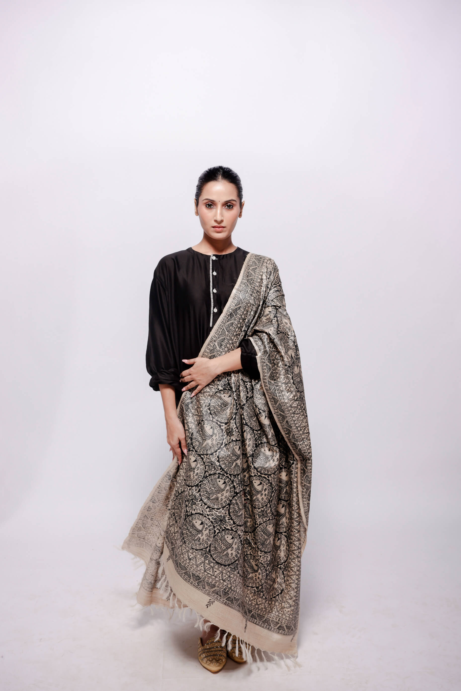 Beige-and Black Wild Silk Dupatta Hand Painted in Traditional Fish Motif Katchni Madhubani.-bihart