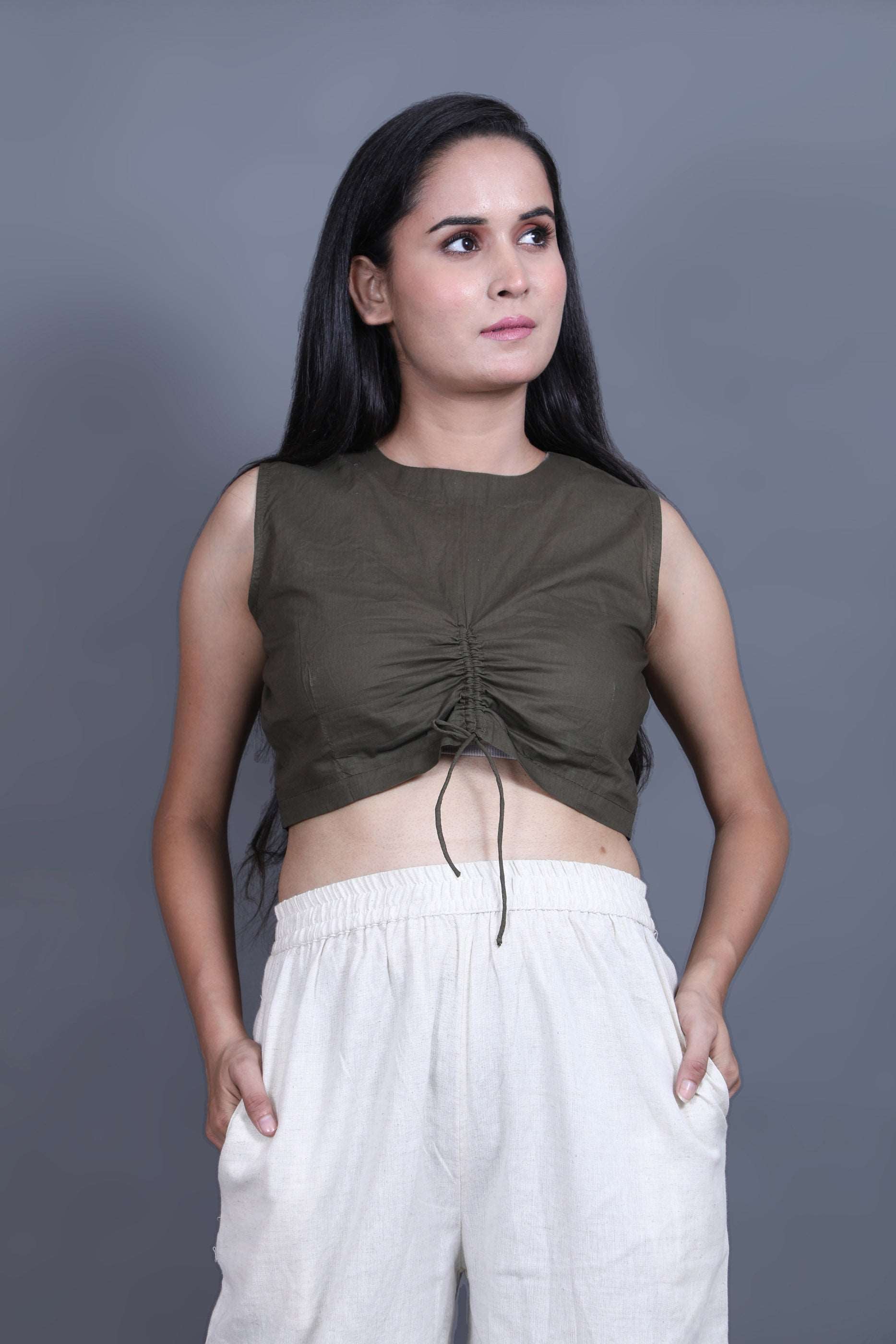 Pure-Cotton Olive Green Rouched Detail Crop Top-bihart