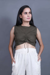 Pure Cotton Olive Green Rouched Detail Crop Top
