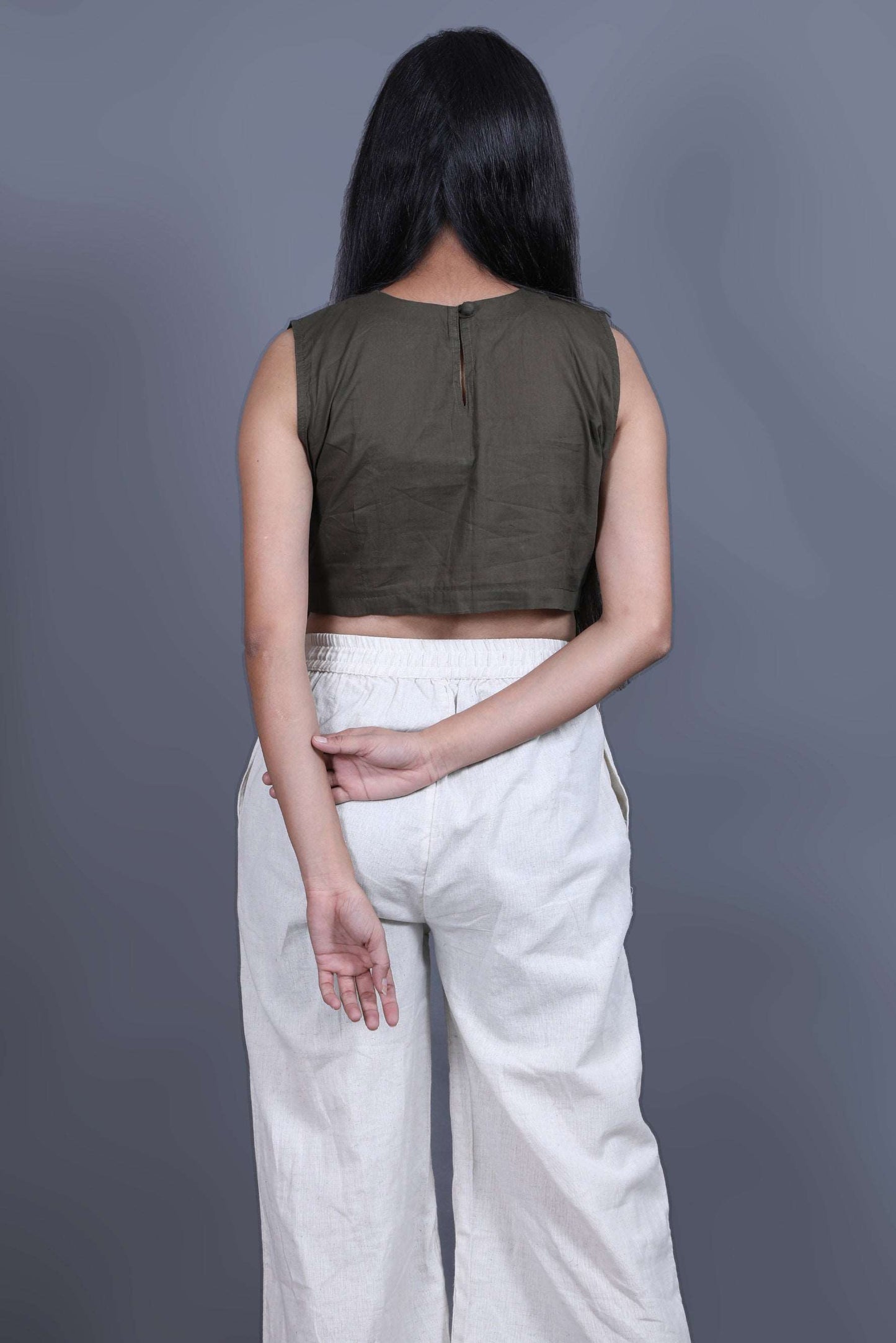 Pure-Cotton Olive Green Rouched Detail Crop Top-bihart