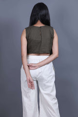 Pure Cotton Olive Green Rouched Detail Crop Top