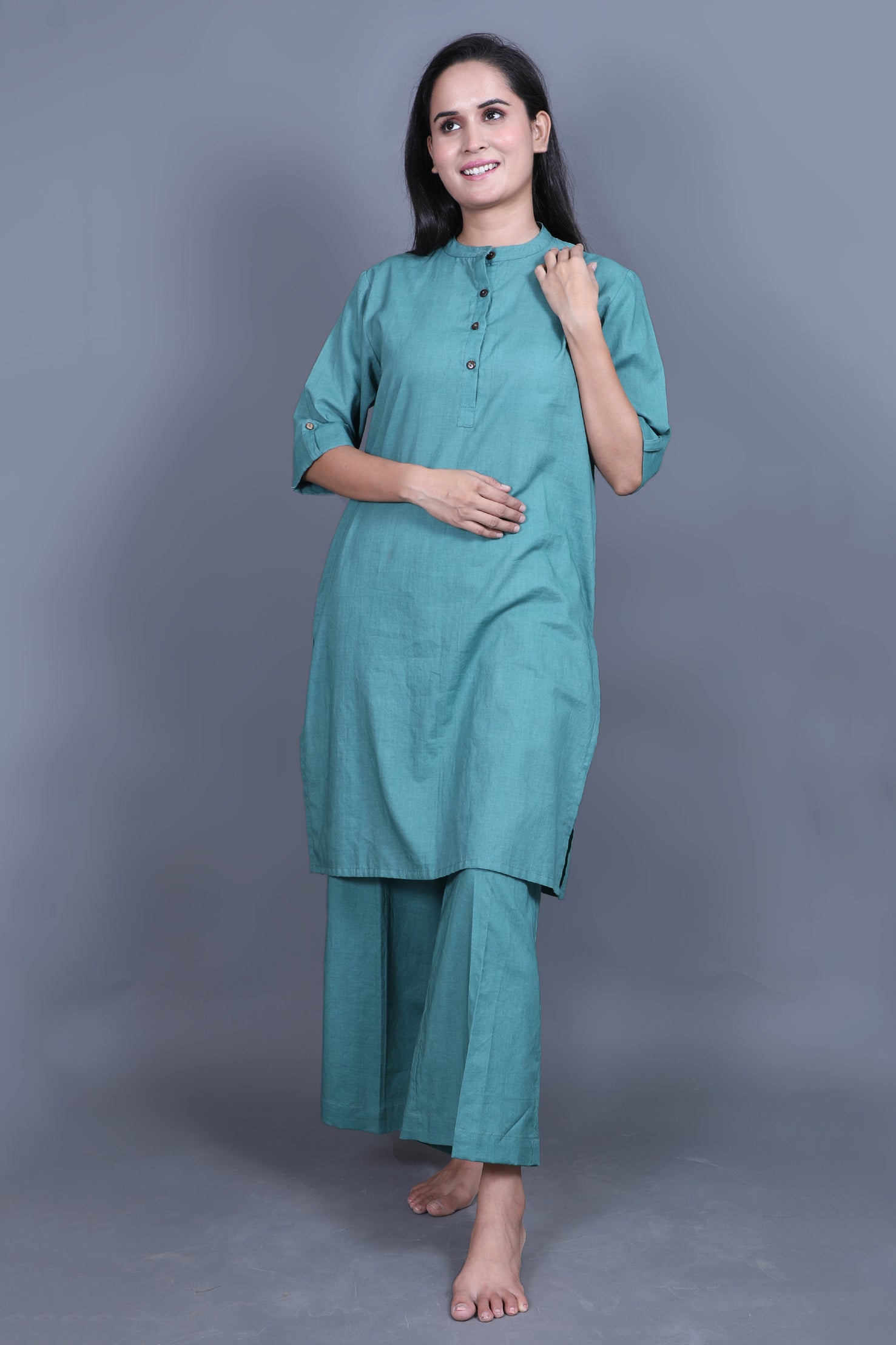 Women Solid Pure Cotton Dusty Sea Green Co-Ord Set