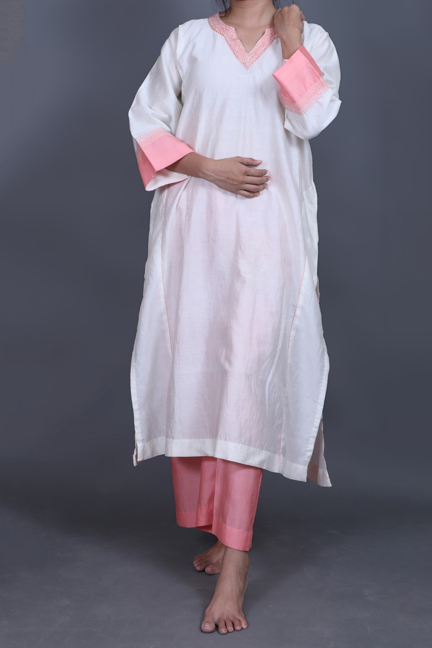 Hand embroidered White and Peach cotton-silk Pakistani Kurta set