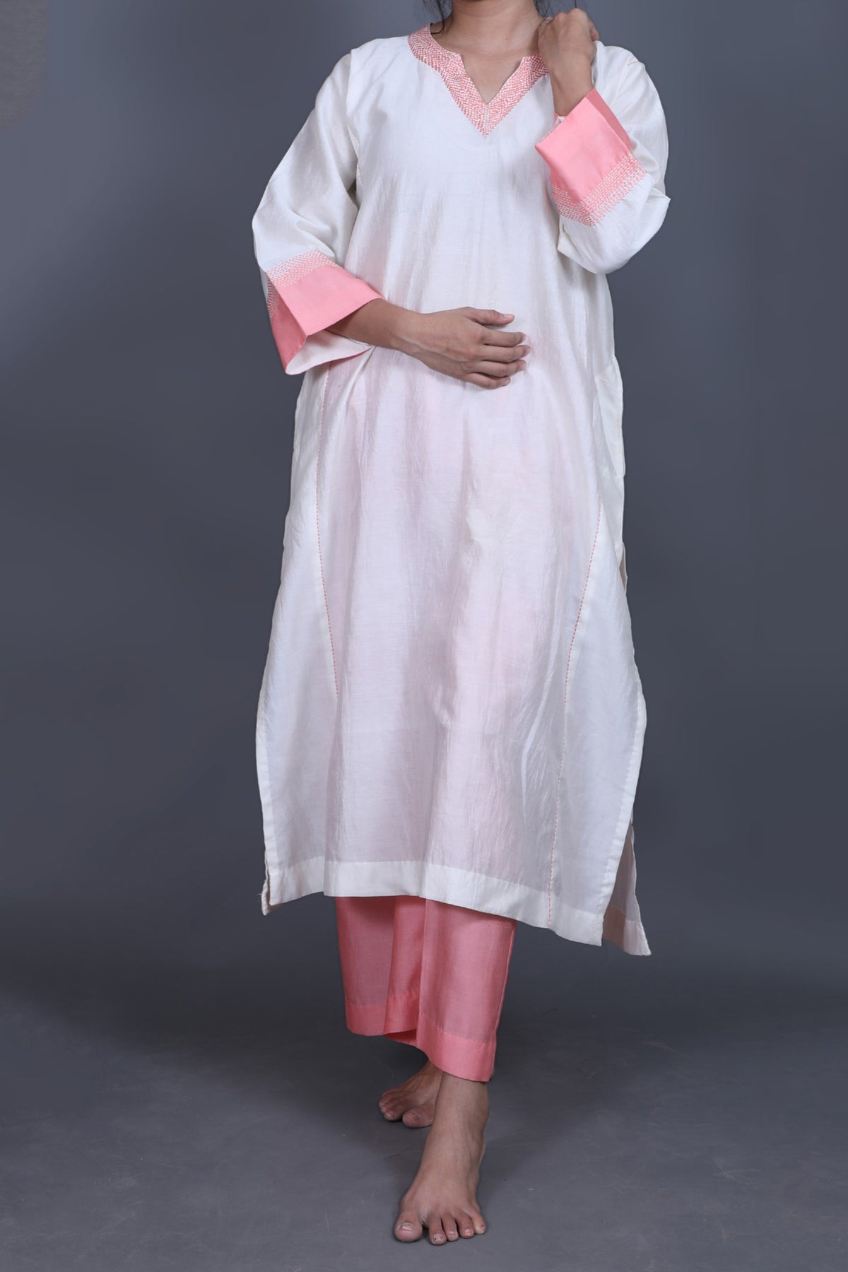 Hand embroidered White and Peach cotton-silk Pakistani Kurta set