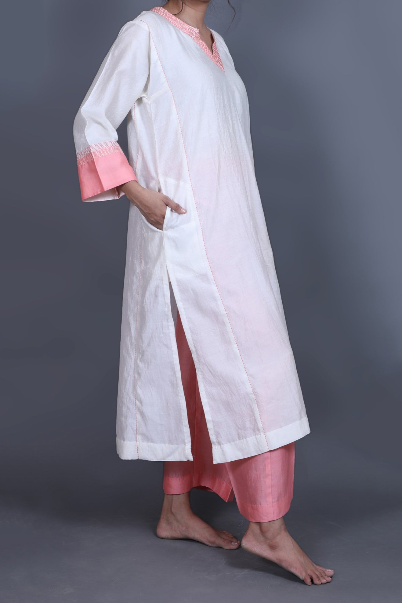 Hand embroidered White and Peach cotton-silk Pakistani Kurta set