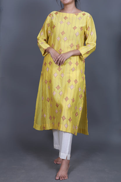 Yellow-Chanderi Sujani and Applique Kurti-bihart