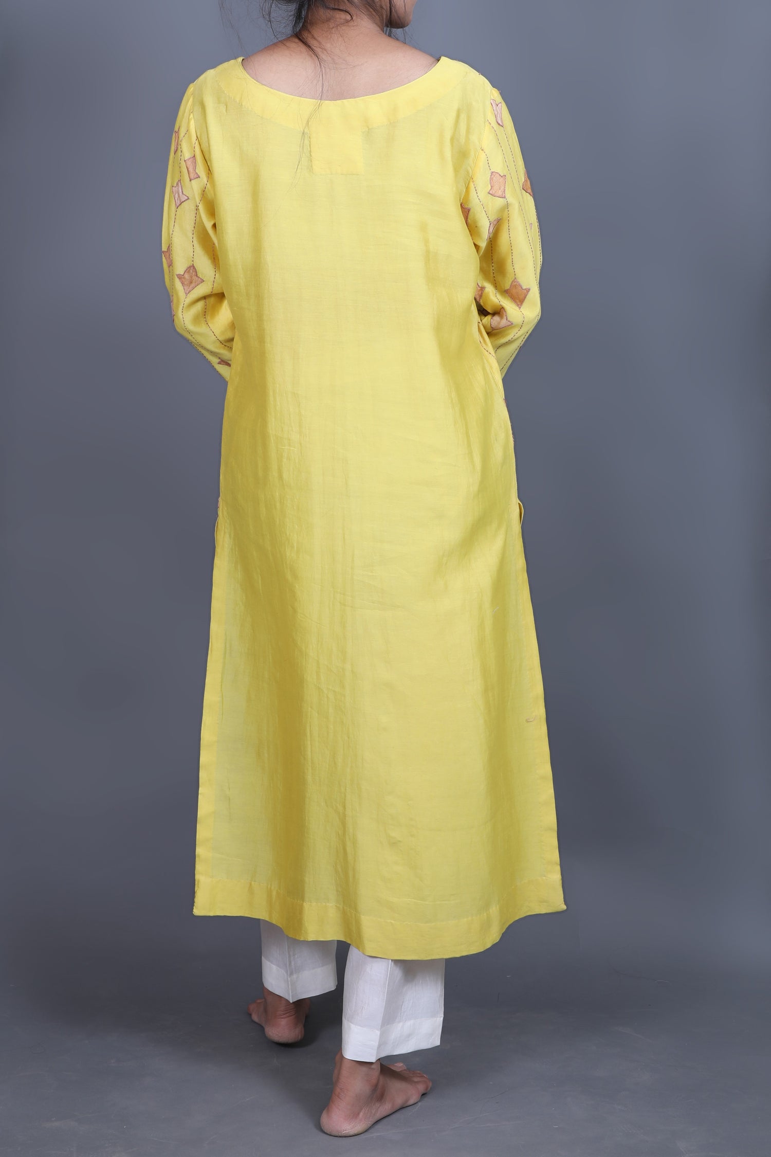 Yellow-Chanderi Sujani and Applique Kurti-bihart