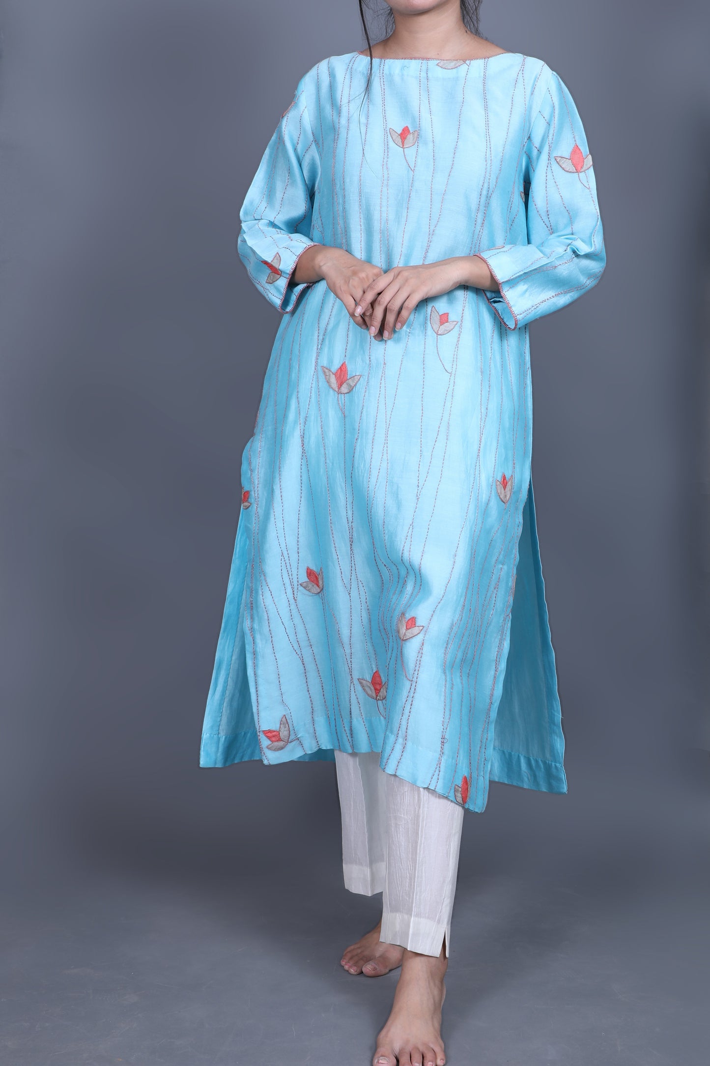 Light-Blue Applique and Sujani Embroidered Kurti-bihart