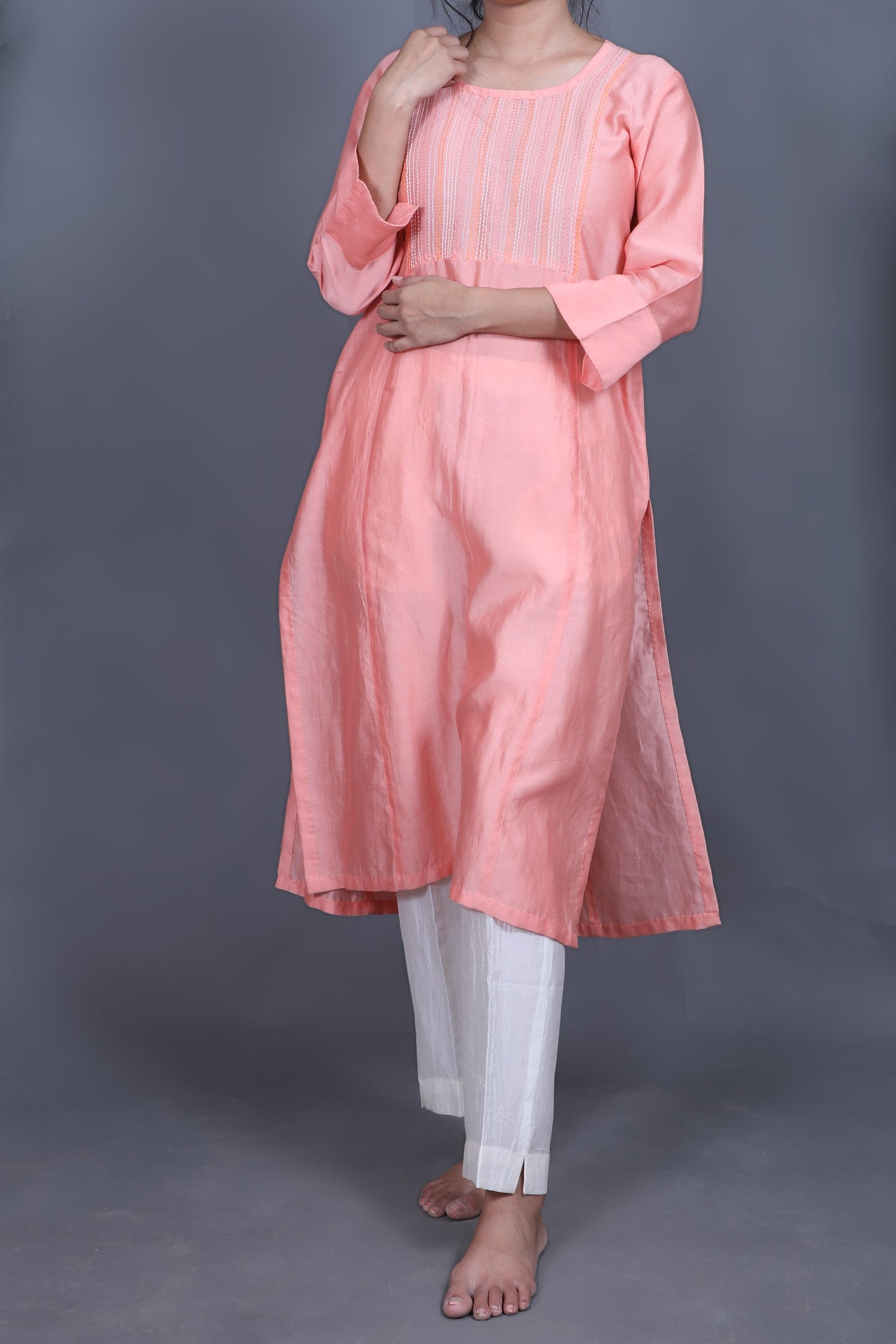 Peach-Chanderi Multi-Colour Sujani Embroidered Kurti-bihart