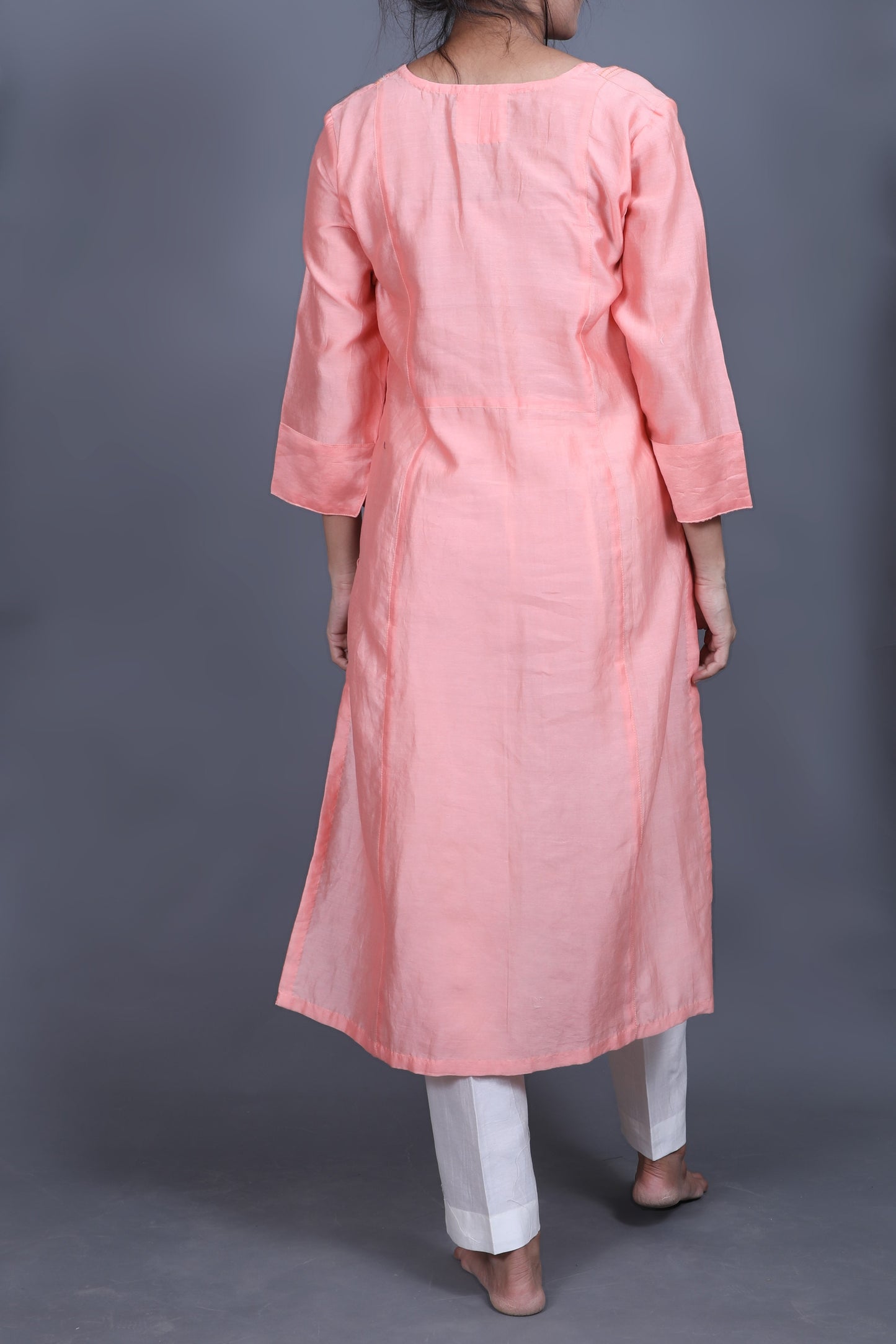 Peach-Chanderi Multi-Colour Sujani Embroidered Kurti-bihart