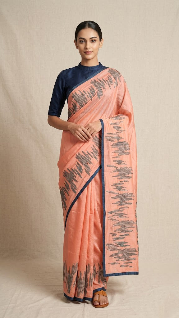 Peach Tussar Silk Saree with Sujani Embroidery