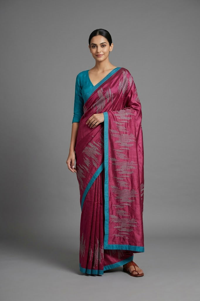 Deep Red Tussar  Silk Saree with Sujani Embroidery