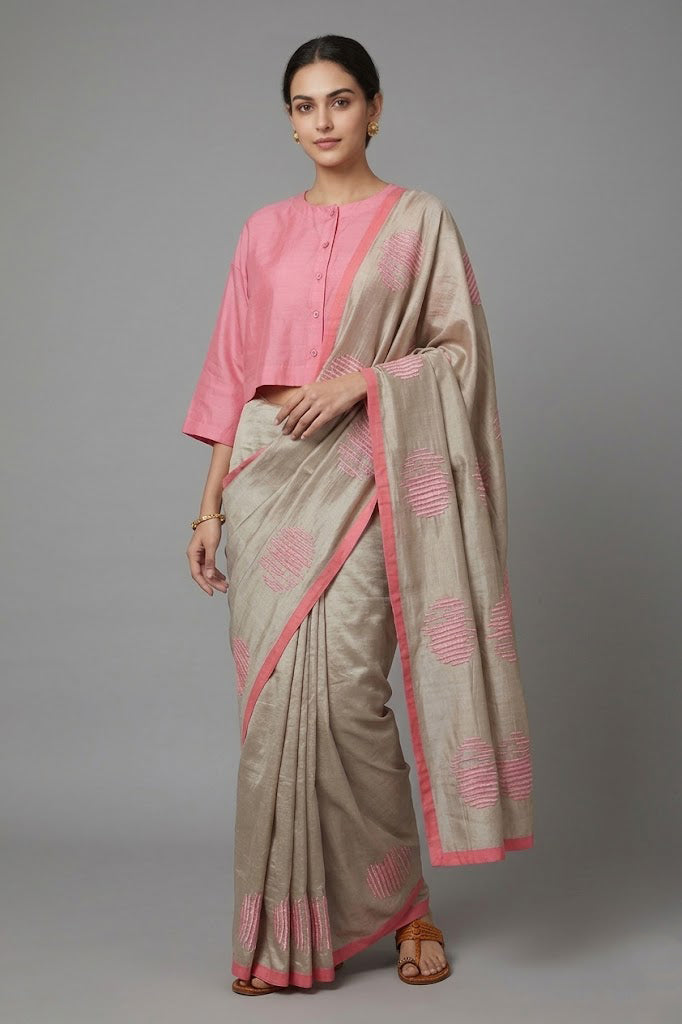 Champagne Tussar Silk Saree Hand Embroidered in Sujani
