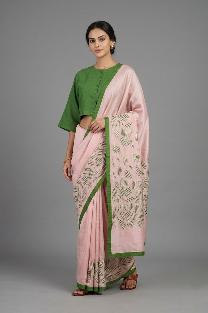 Powder Pink Tussar Silk Saree with Sujani Embroiderey
