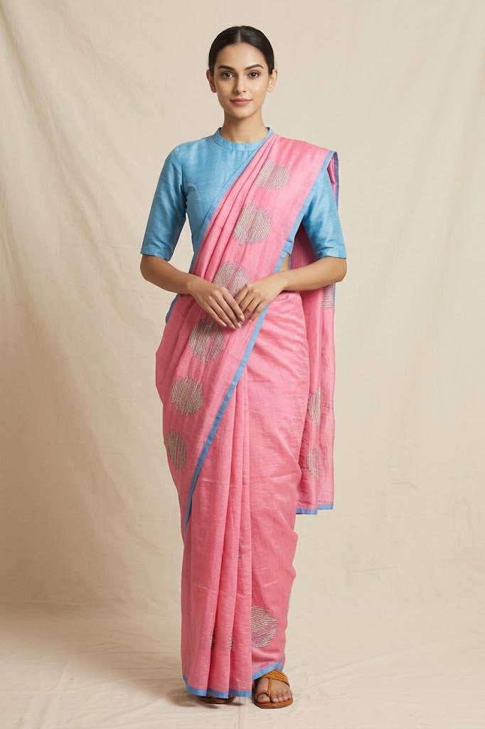Bubble Gum Pink Tussar Saree Hand Embroidered in Sujani