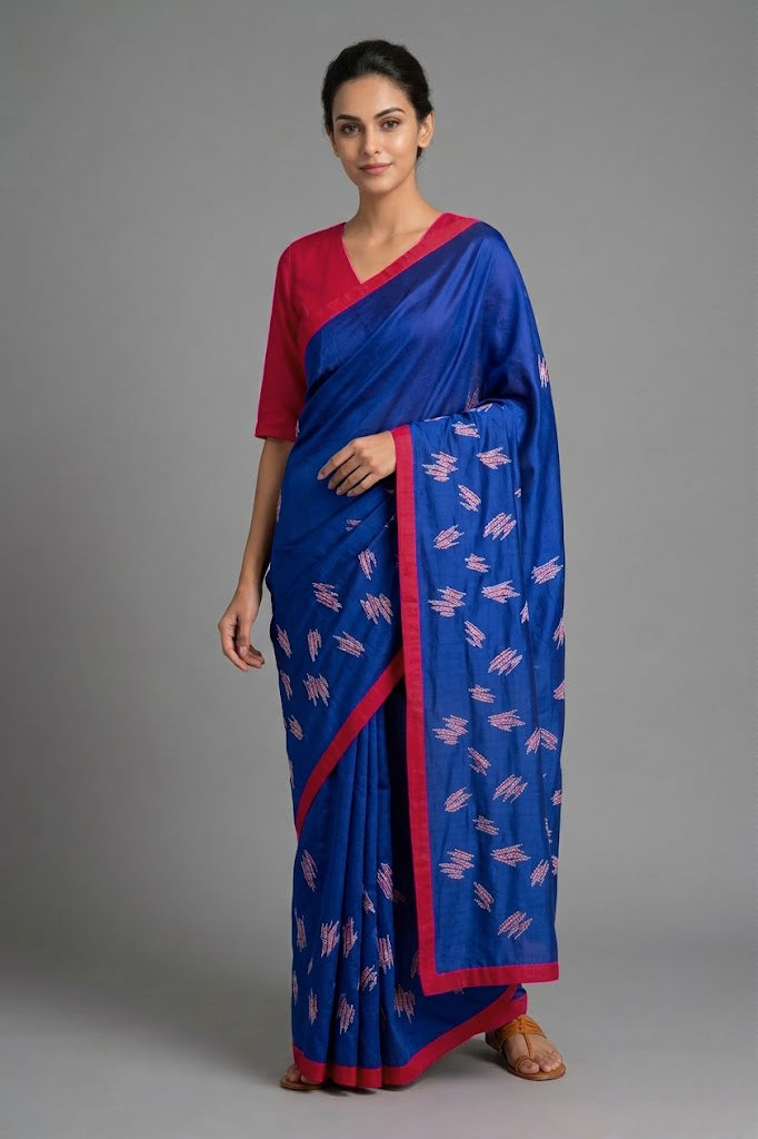Midnight Blue Tussar Silk Saree With Sujani Embroidery