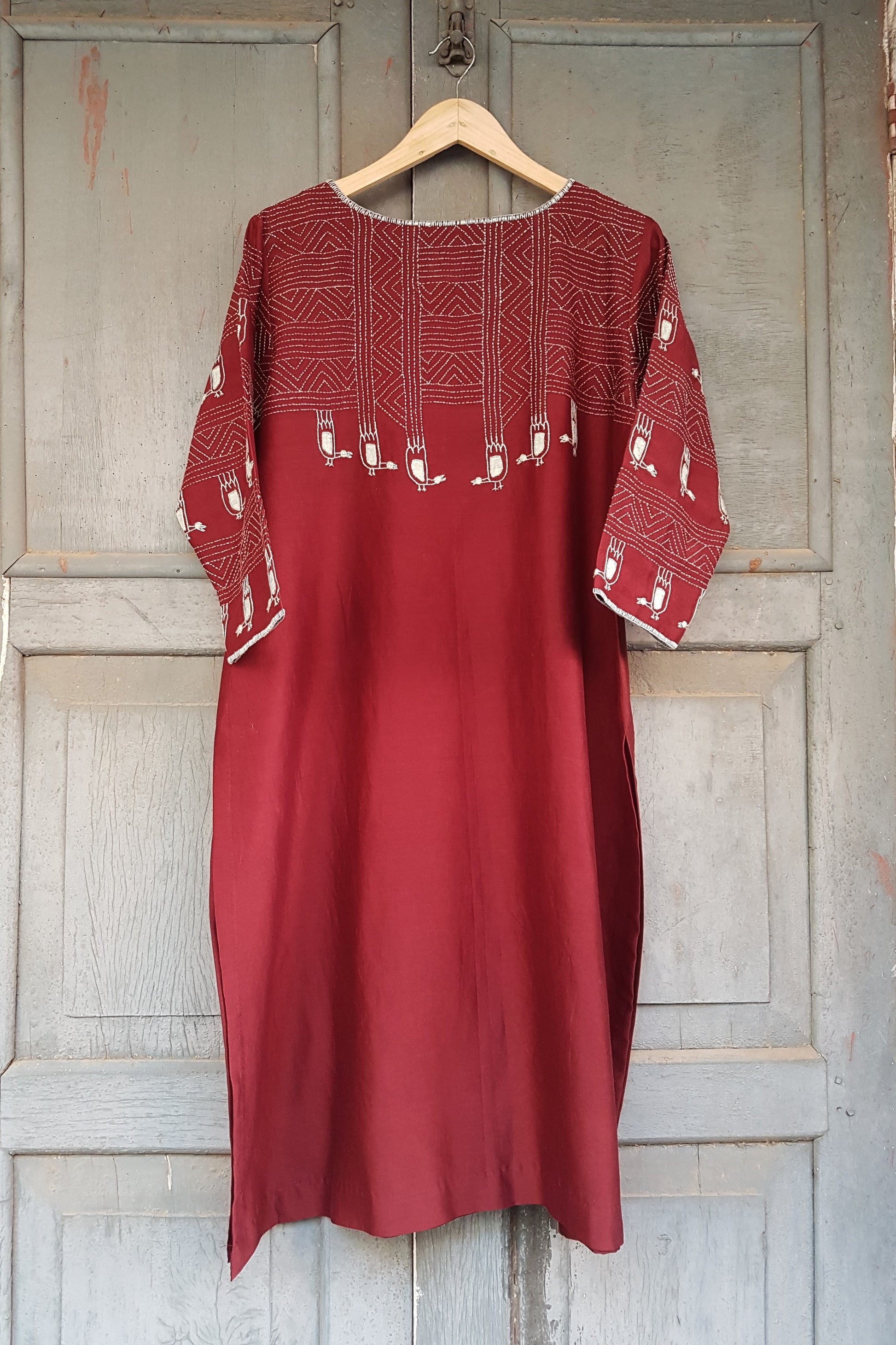 Maroon-Applique and Sujani Kurta Set with Kota Silk Dupatta-bihart