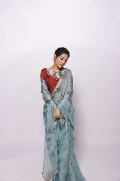 Dusty Blue Kota-Silk Hand Tie and Dye Saree