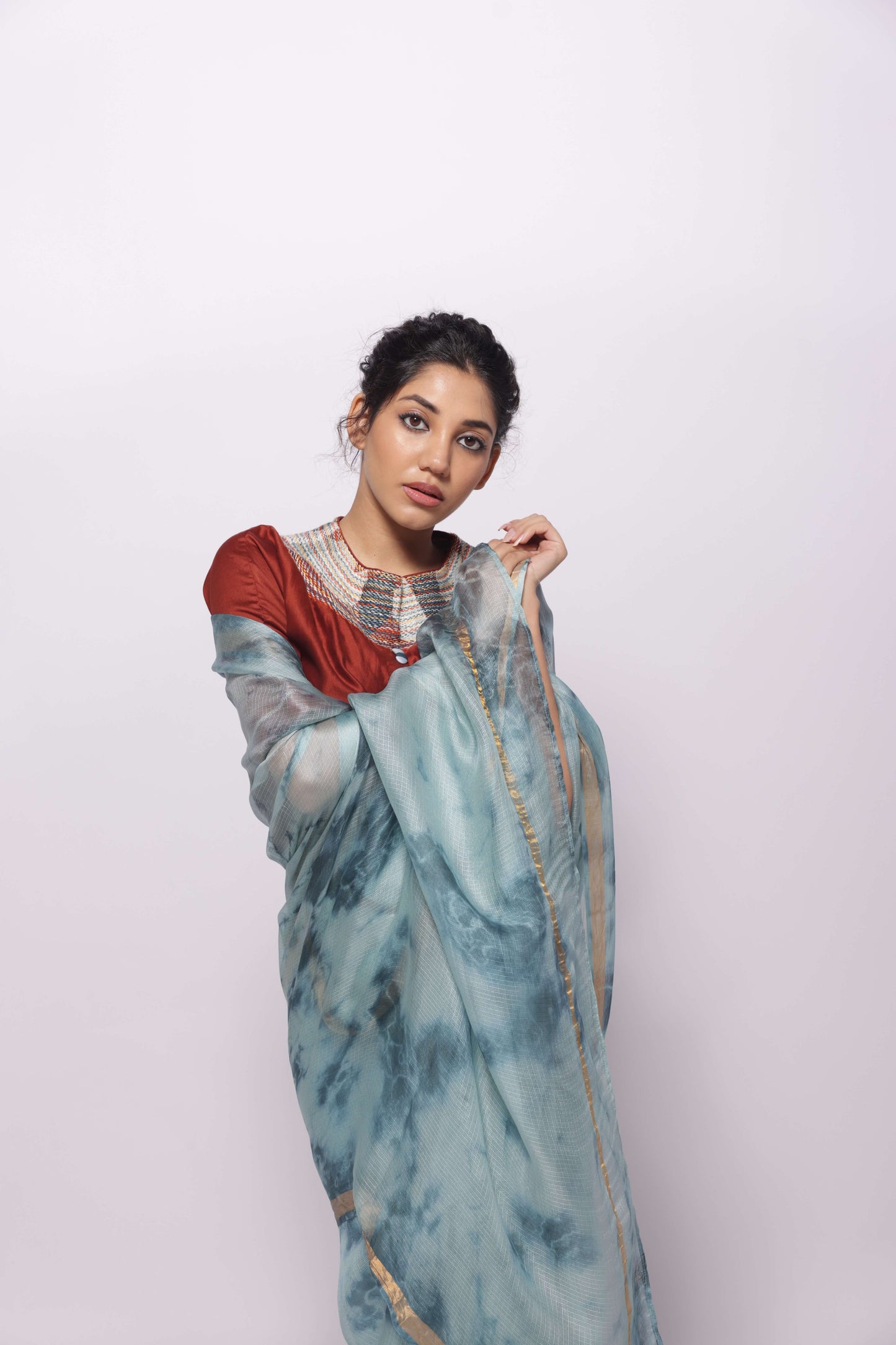 Dusty Blue Kota-Silk Hand Tie and Dye Saree