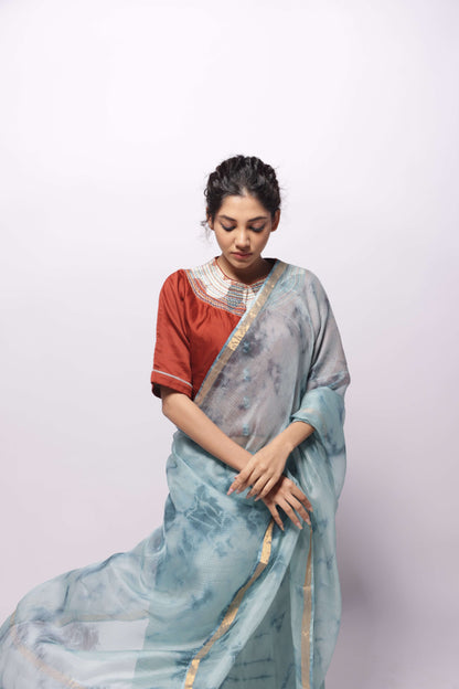 Dusty Blue Kota-Silk Hand Tie and Dye Saree