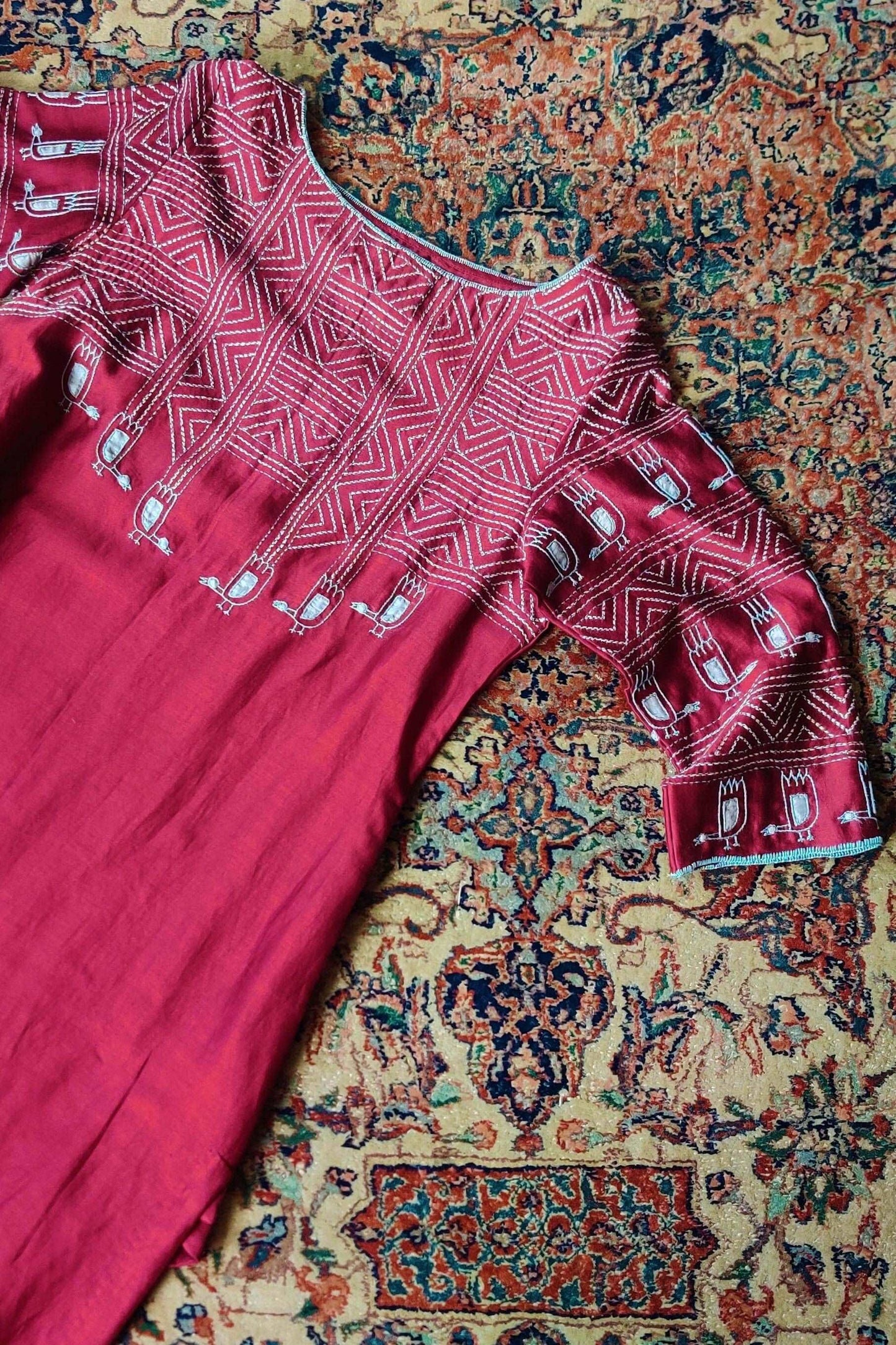 Applique-& Sujani Maroon Kurti for women-bihart