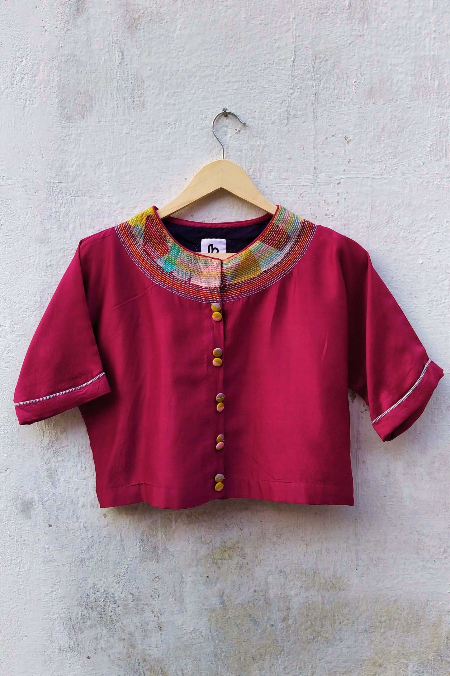 Cotton-silk Pink crop top with sujani work on neckline-bihart