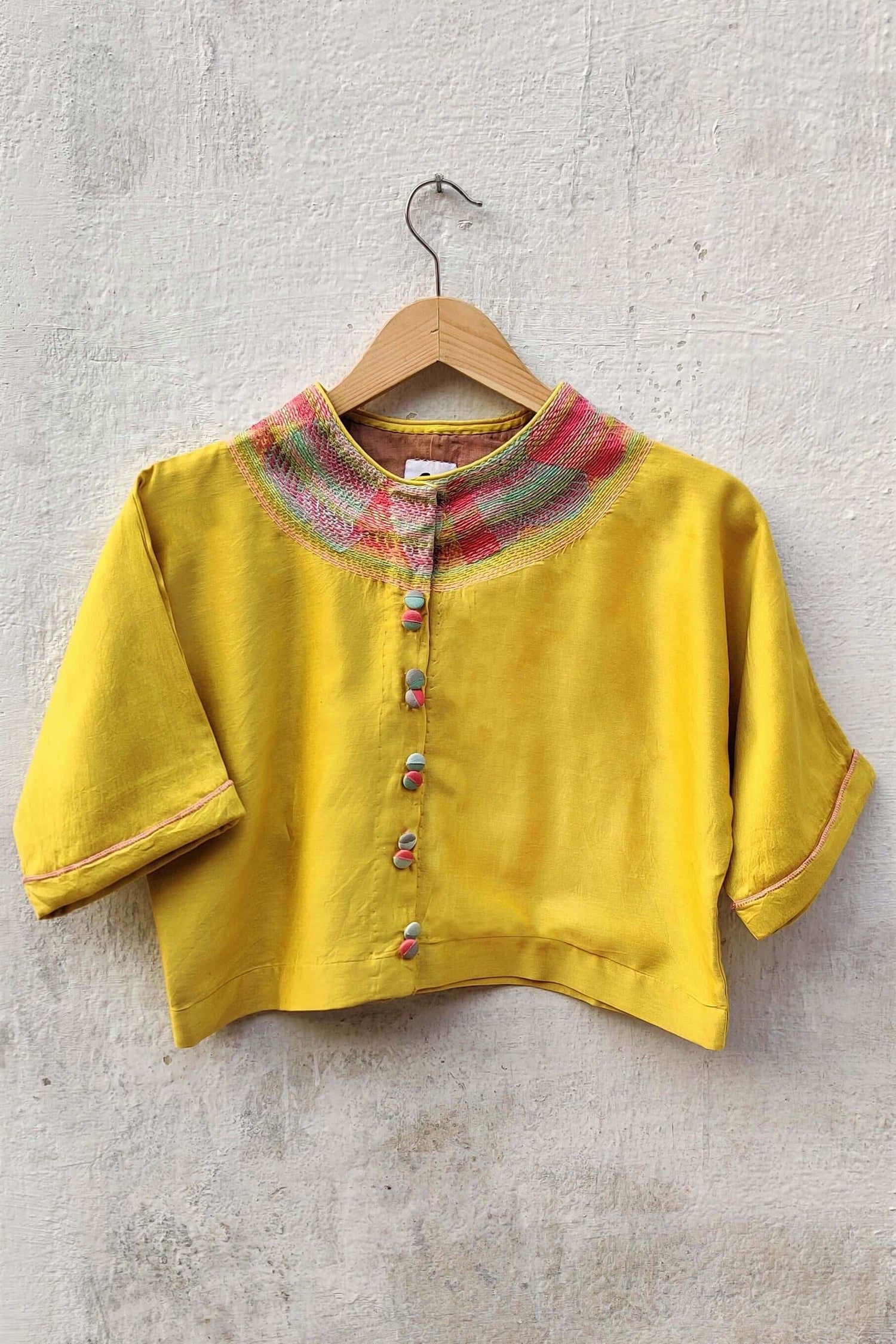 Cotton-silk Yellow crop top with sujani work on neck line-bihart