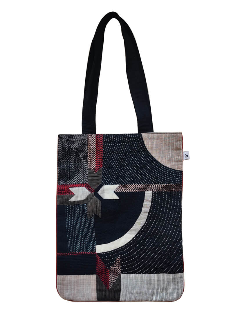 Unisex cotton Black tote bag with Applique and Sujani work