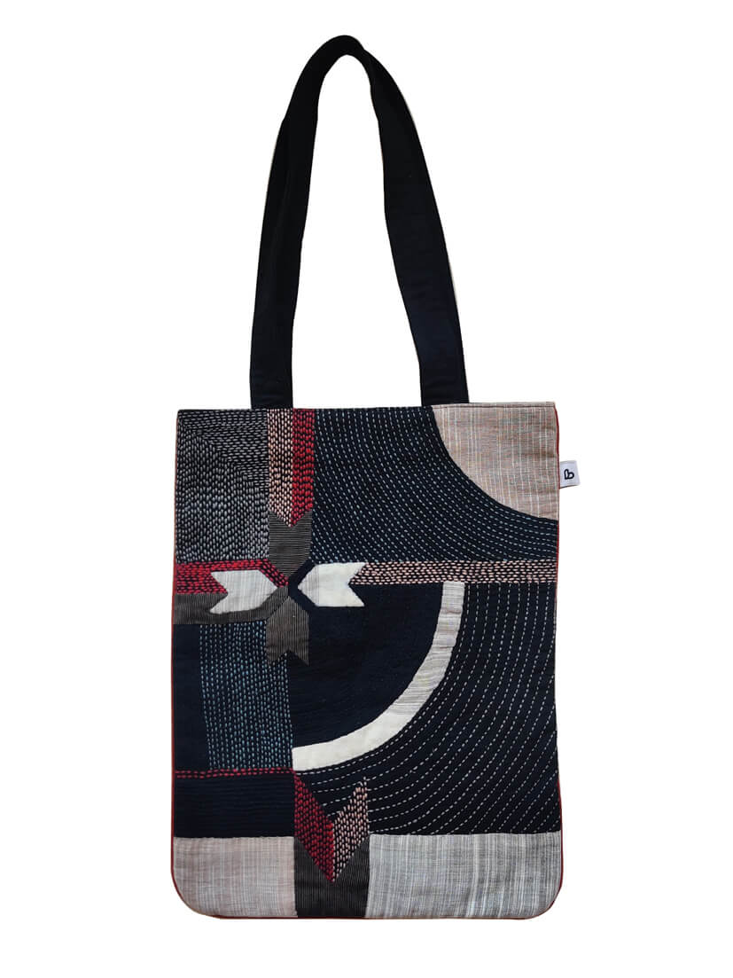 Unisex-cotton Black tote bag with Applique and Sujani work-bihart