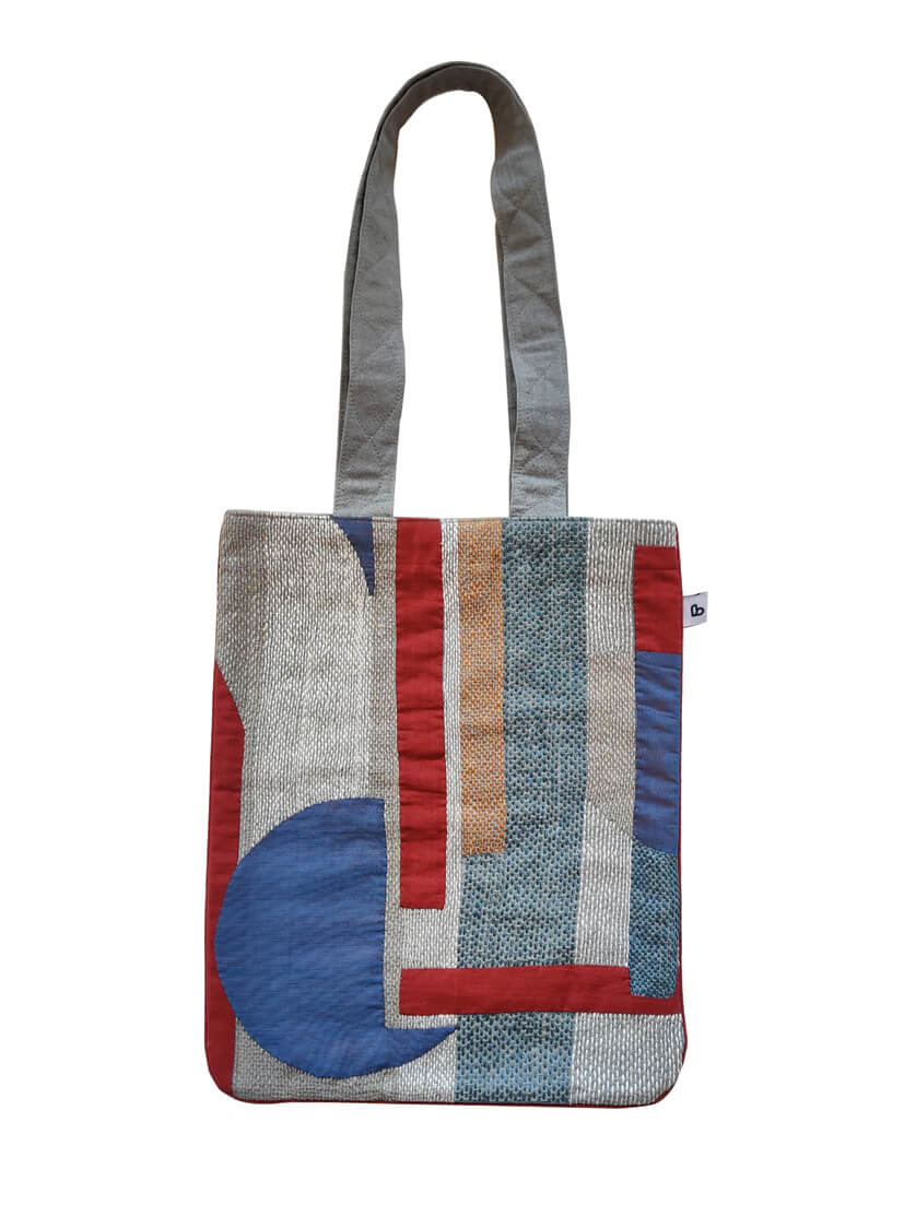 Unisex-cotton Grey tote bag with Applique and Sujani work-bihart