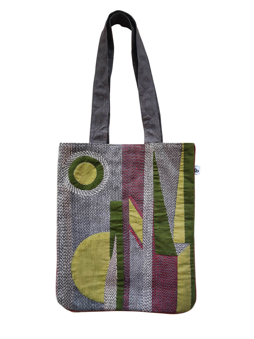 Unisex cotton Charcoal Grey tote bag with Applique and Sujani work