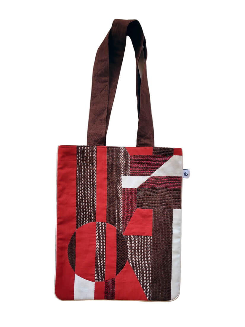 Unisex cotton brown tote bag with applique and sujani work