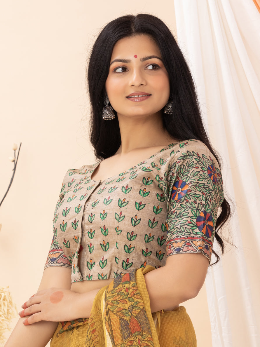 Beige Wild Silk Blouse in Multi-colour Hand Painted Madhubani