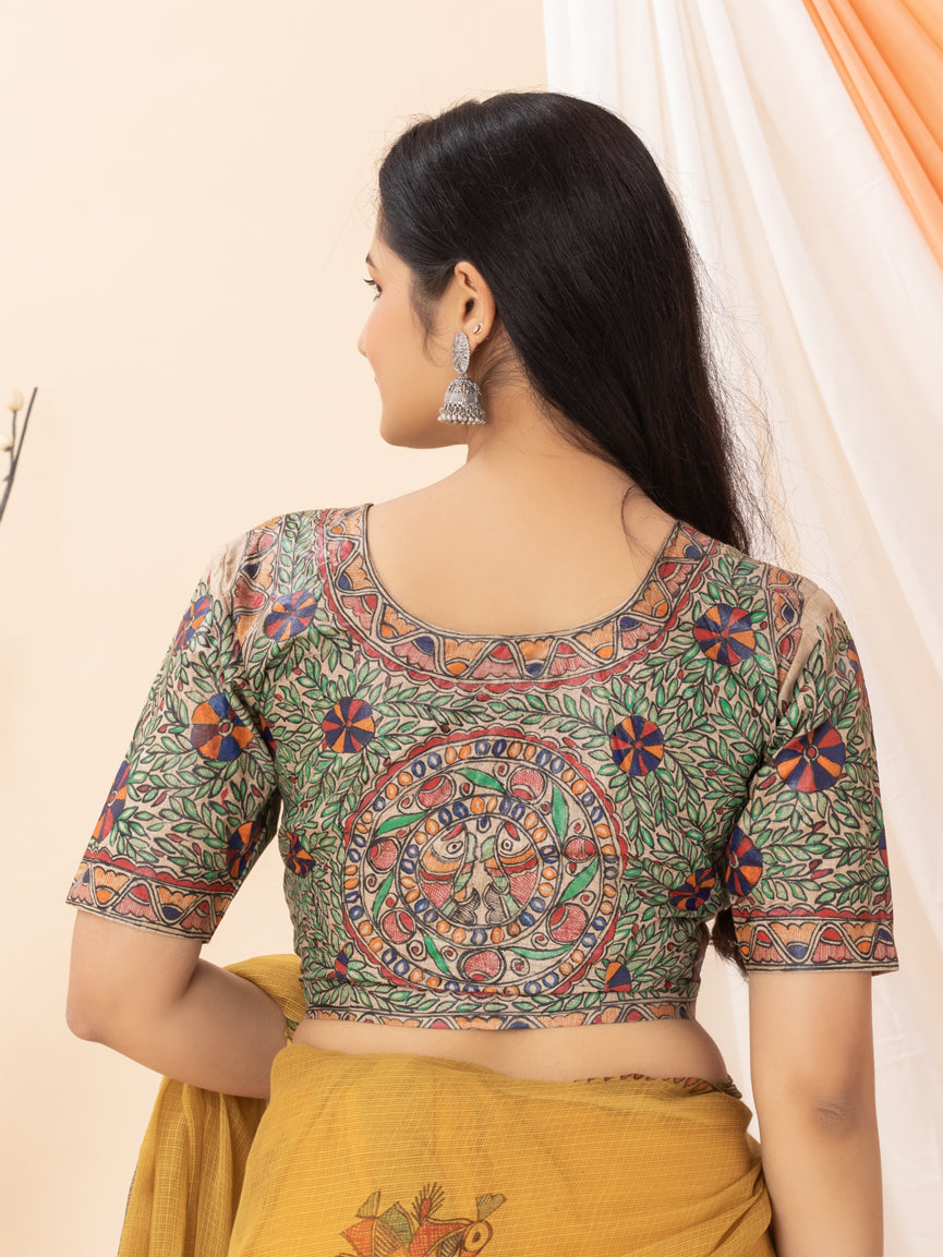 Beige Wild Silk Blouse in Multi-colour Hand Painted Madhubani