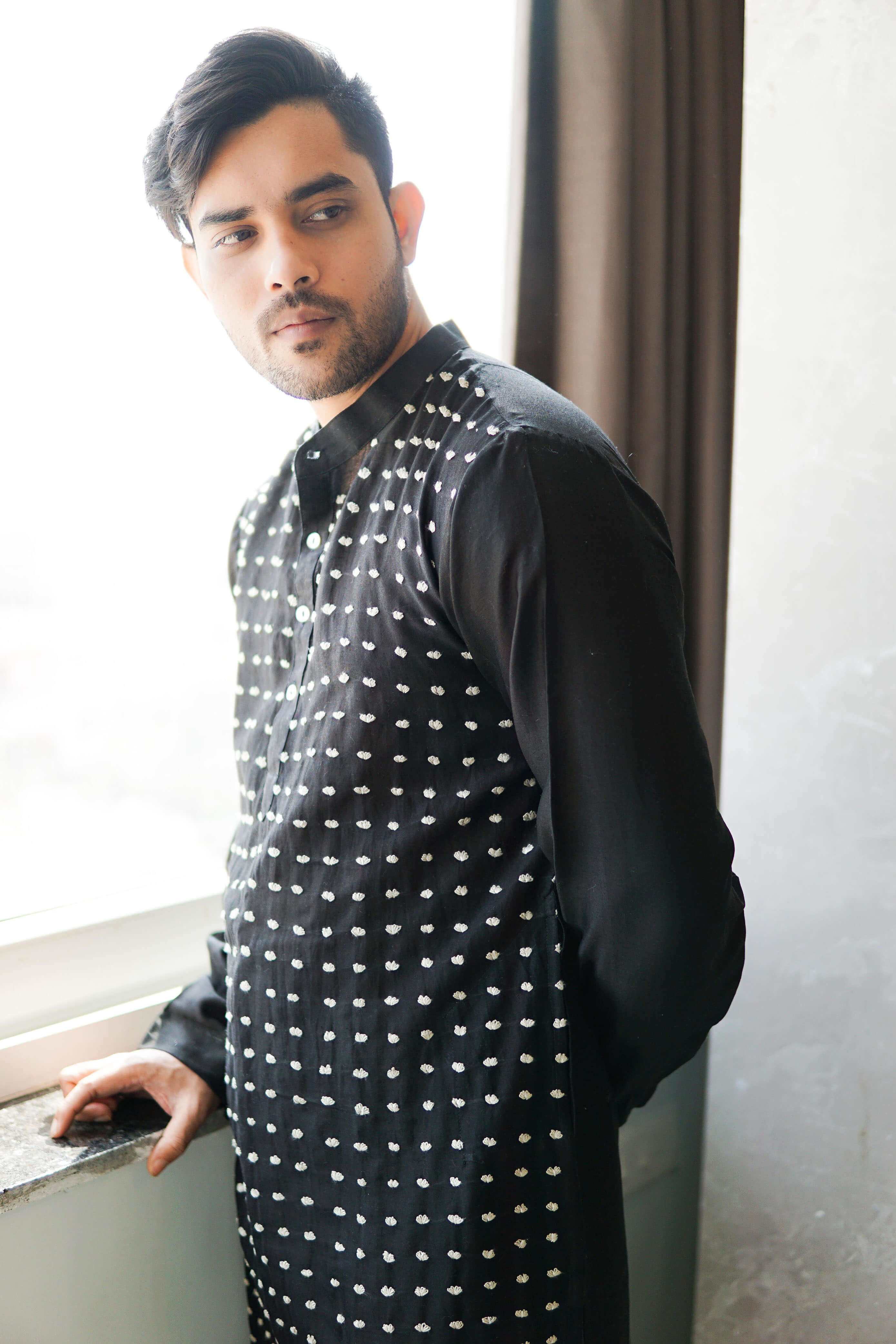 Anantha-Men's  Chanderi Hand Embroidered Straight Kurta-bihart